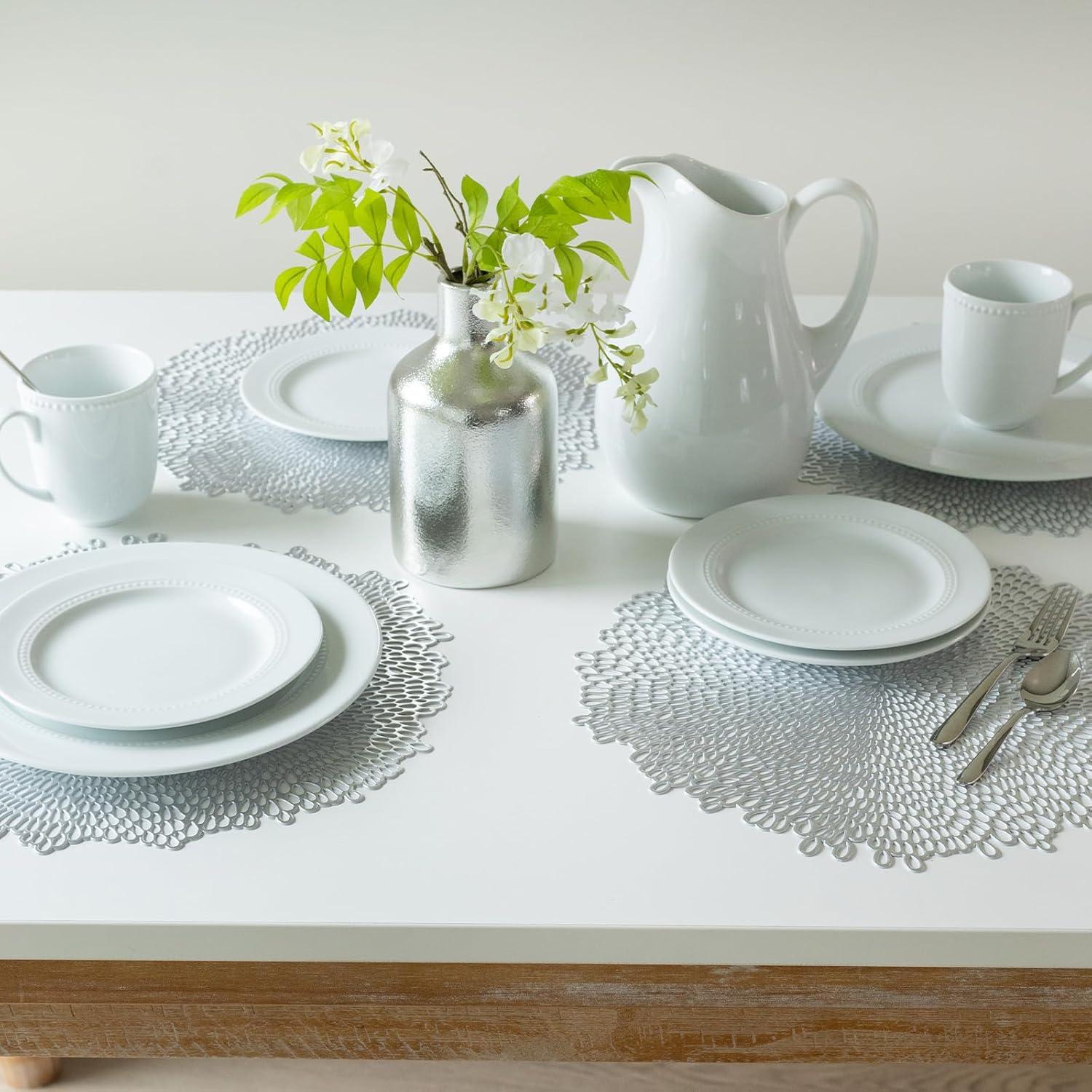Benson Mills Bloom Pressed Vinyl Placemat Set of 4, Kitchen and Dining Table Mats, Special Occasion, Wedding, Everyday, Holiday Table Décor (15.5" Round, Set of 4, Silver)