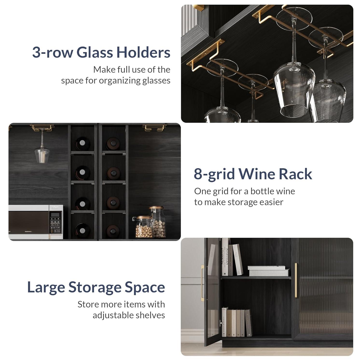 BELLEZE Coffee Wine Bar Cabinet with Power Outlet, 72" Rustic Liquor Cabinet, Tall Buffet Cabinet with Storage Kitchen Pantry Cupboard Wine& Glasses Rack Server with Hutch for Home Dining Room, Ebony