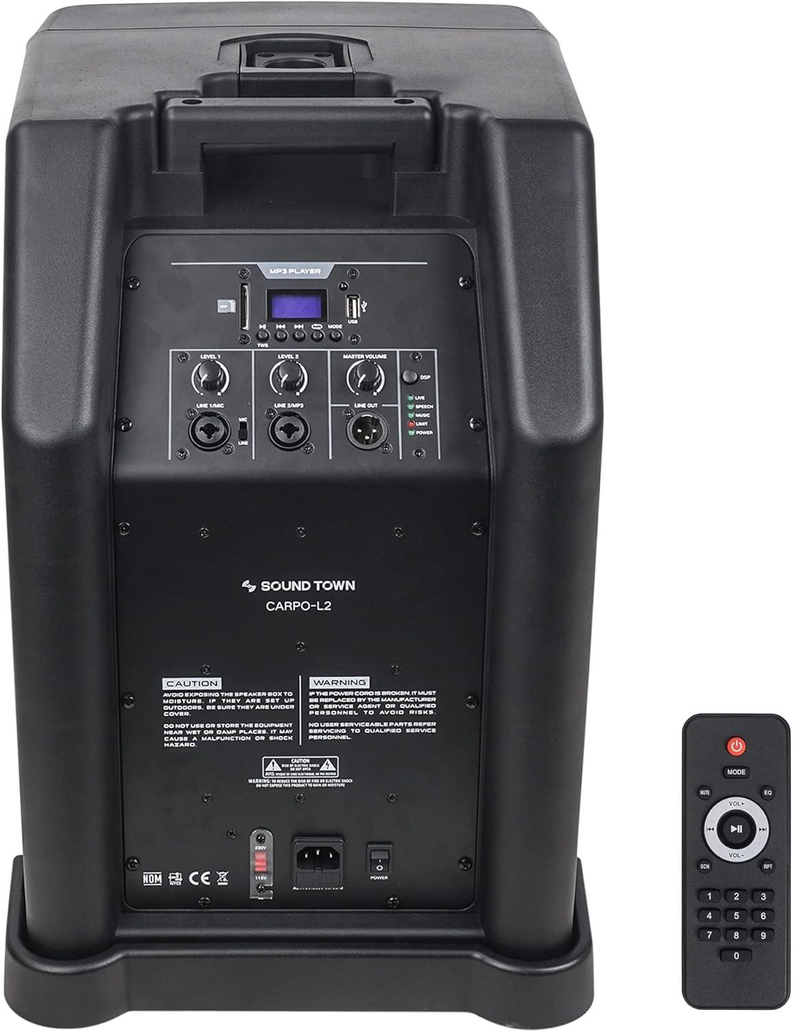 Sound Town Portable PA/DJ System w/ 12" Powered Subwoofer, 8 x 3 Column Speaker and Two UHF Wireless Microphones (CARPO-L2SWM01)