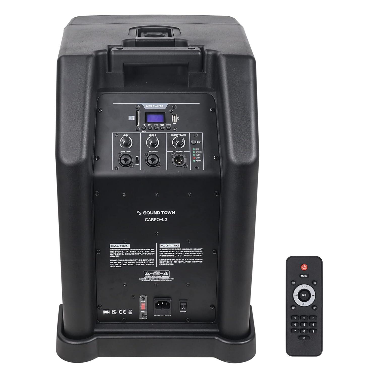 Sound Town Portable PA/DJ System w/ 12" Powered Subwoofer, 8 x 3 Column Speaker and Two UHF Wireless Microphones (CARPO-L2SWM01)