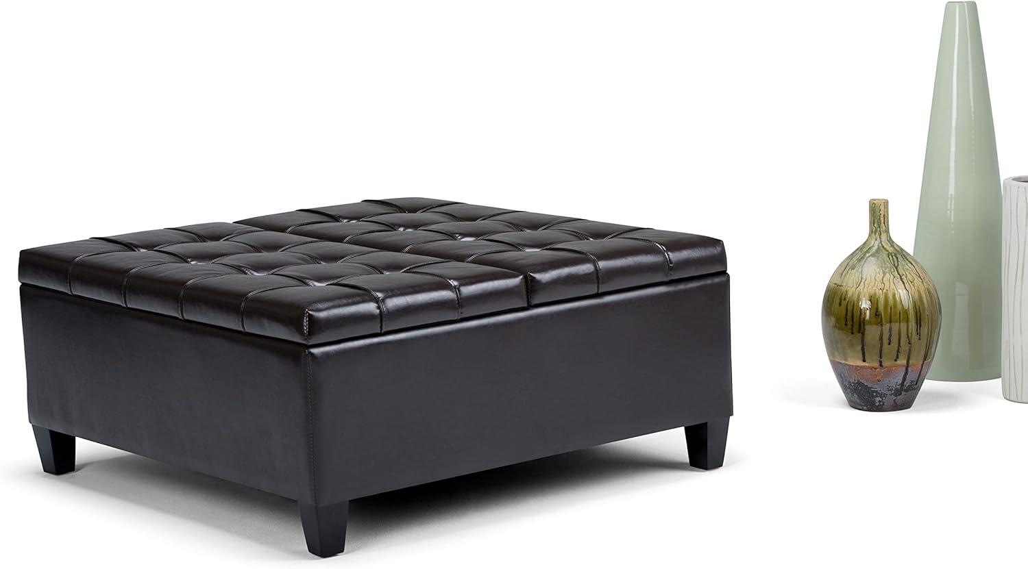 Simpli Home Harrison 36"W Upholstered Square Coffee Table Storage Ottoman with Split Lift Top