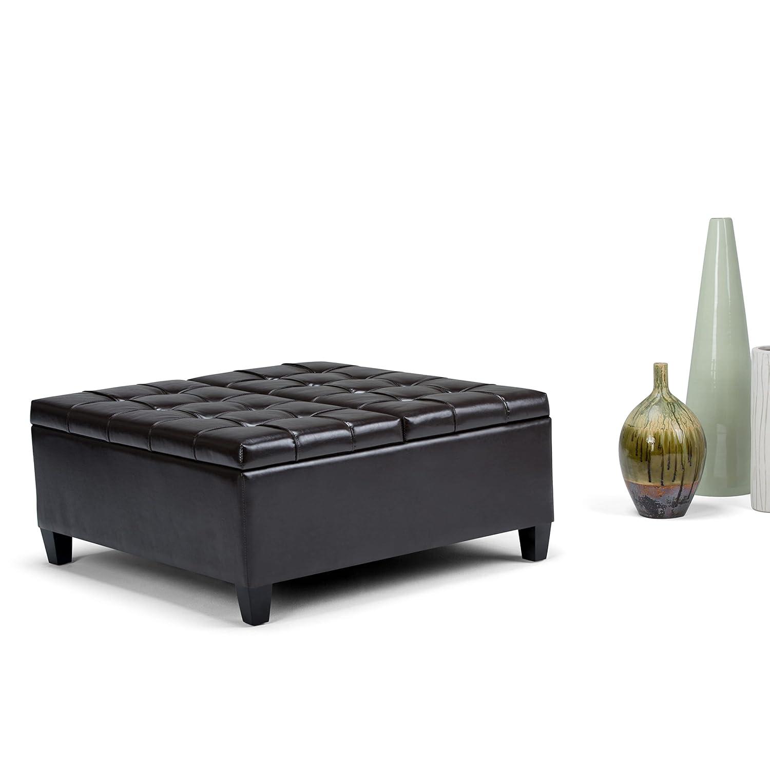Simpli Home Harrison 36"W Upholstered Square Coffee Table Storage Ottoman with Split Lift Top