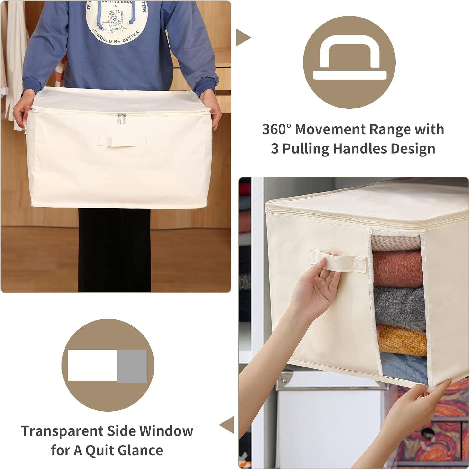 Canvas Comforters Bags Closet Organizers and Storage for Quilts Clothes Organization Containers Bins with Sturdy Zipper, Clear Window 75L for Sweaters Blankets Storage Bedroom Collapsible