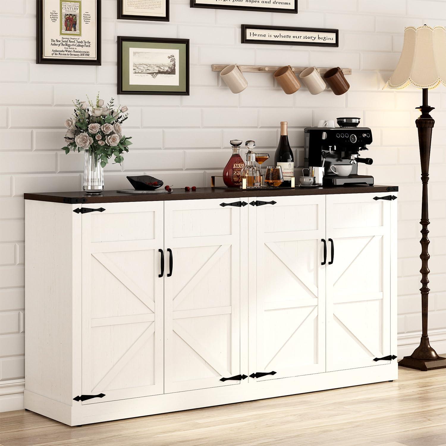 White 65'' Farmhouse Wooden Sideboard Buffet Cabinet with Adjustable Shelves