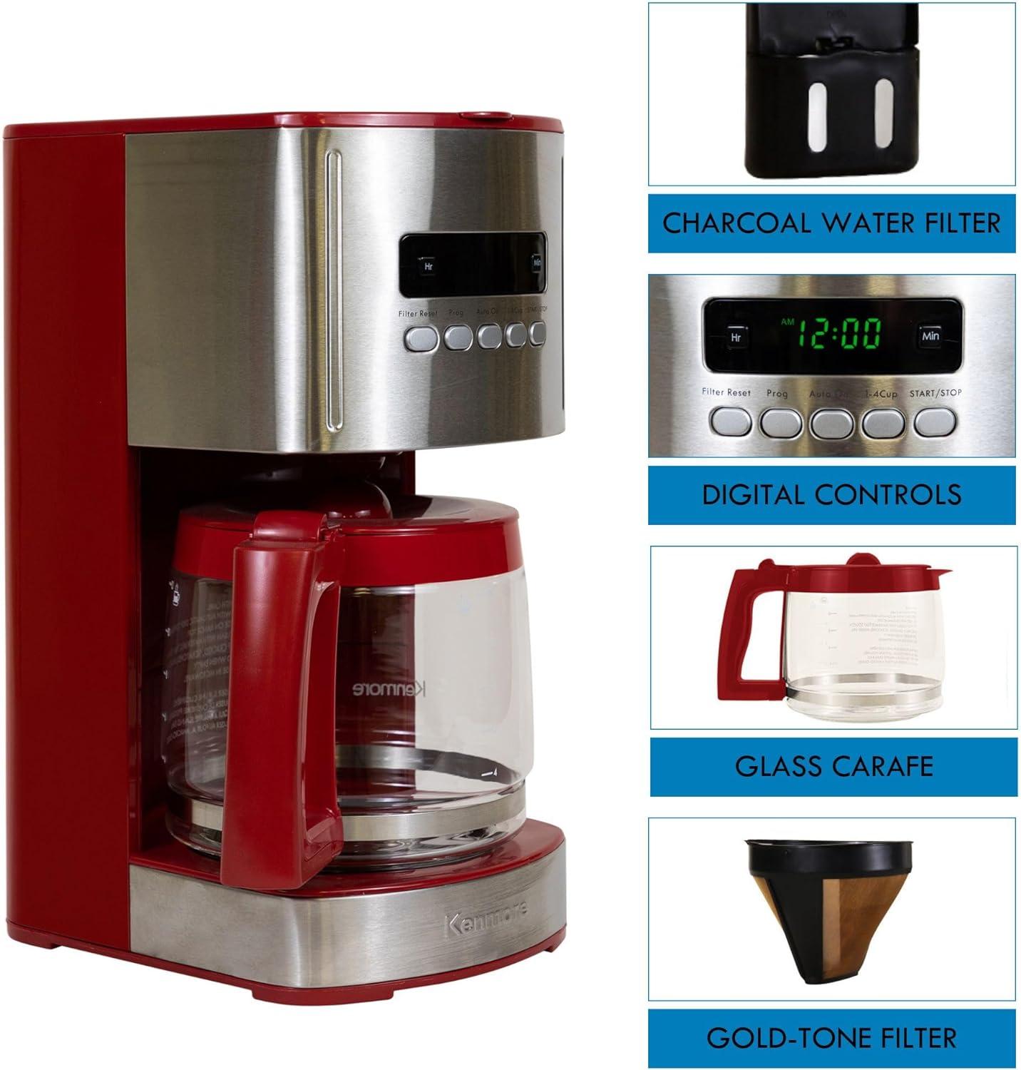 Kenmore Drip Coffee Maker - 12 Cup Programmable Cafe Machine With Glass Pot, Red