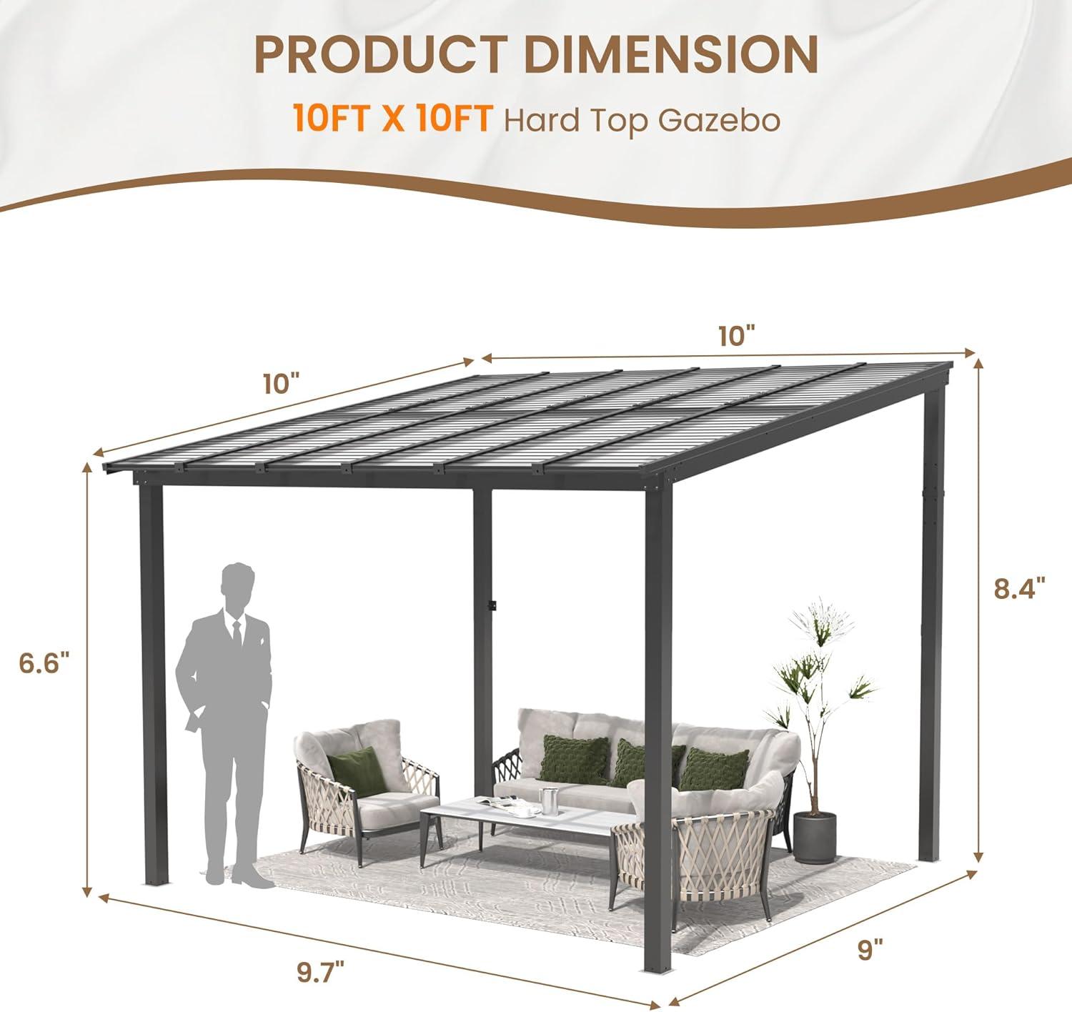 10' x 10' Black Aluminum and Polycarbonate Sloped Patio Gazebo