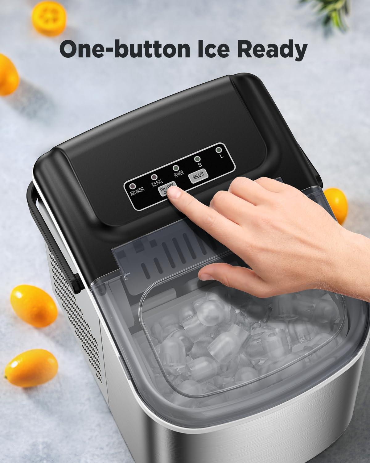 Silonn Stainless Steel Countertop Ice Maker - 9 Cubes in 6 Mins, 26lbs/24Hrs, Self-Cleaning, Includes Scoop & Basket, 2 Bullet Ice Sizes