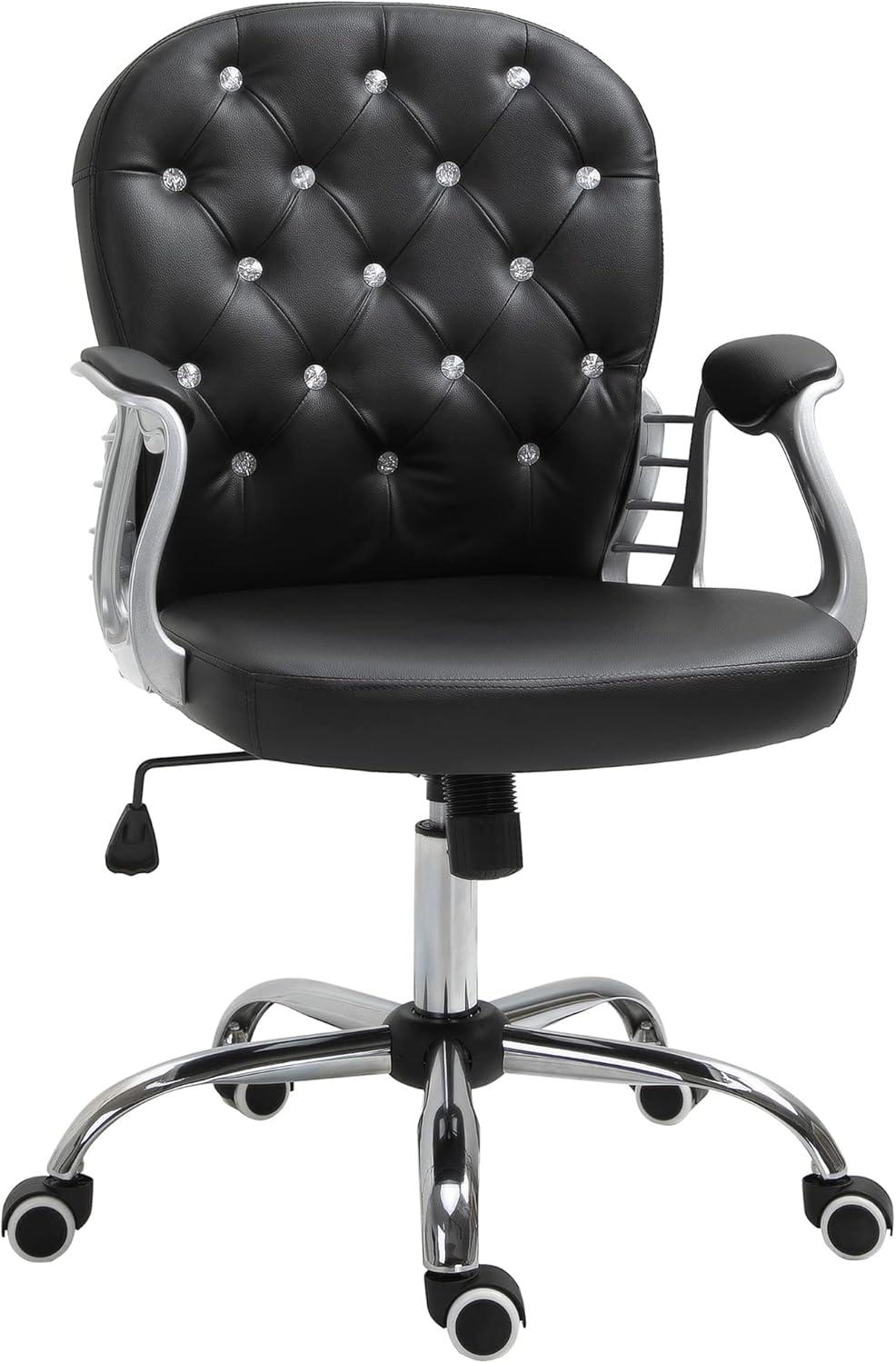 Vinsetto Vanity PU Leather Mid Back Office Chair Swivel Tufted Backrest Task Chair with Padded Armrests, Adjustable Height, Rolling Wheels, Beige