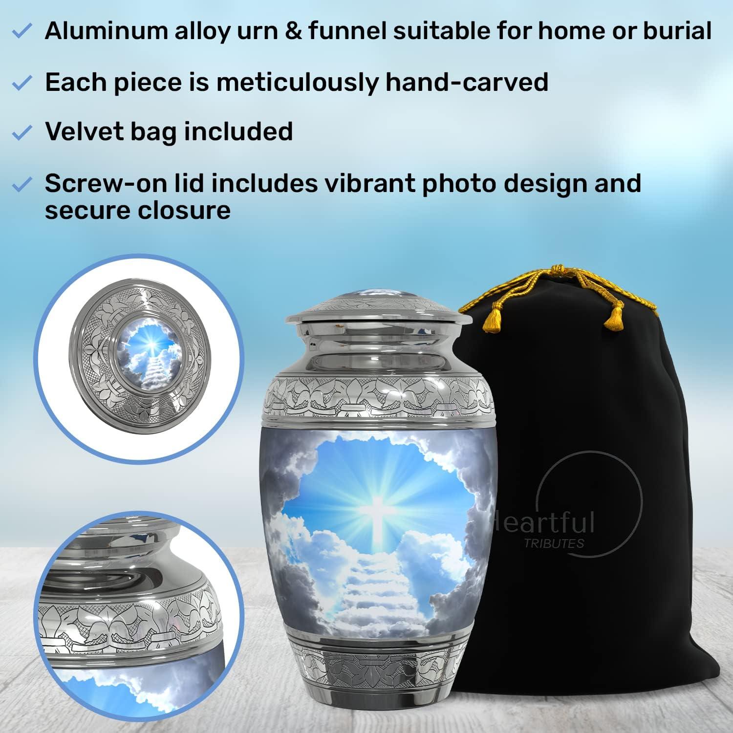 Stairway to Heaven Large Cremation Urn for Human Ashes with Handcrafted Funnel (Christian/Catholic/Cross/Adult/Male/Female)