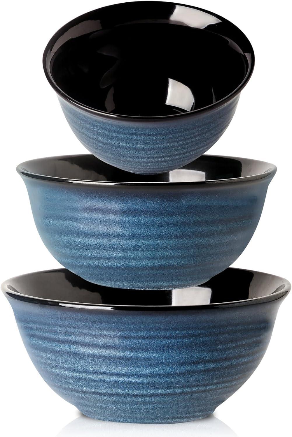 Blue Ceramic Round Mixing Bowl Set, 2 Quarts