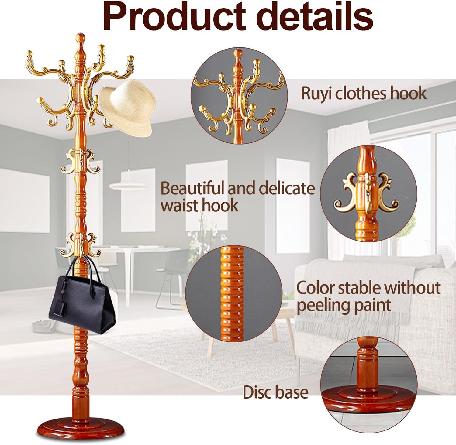 Red Barrel Studio® Wood Coat Rack Stand, Wooden Coat Rack Freestanding With Sturdy Round Base, Coat Racks With 14 Hooks, Natural Birch Wood Entryway Coat Tree Hanger Stand Easy To Assemble