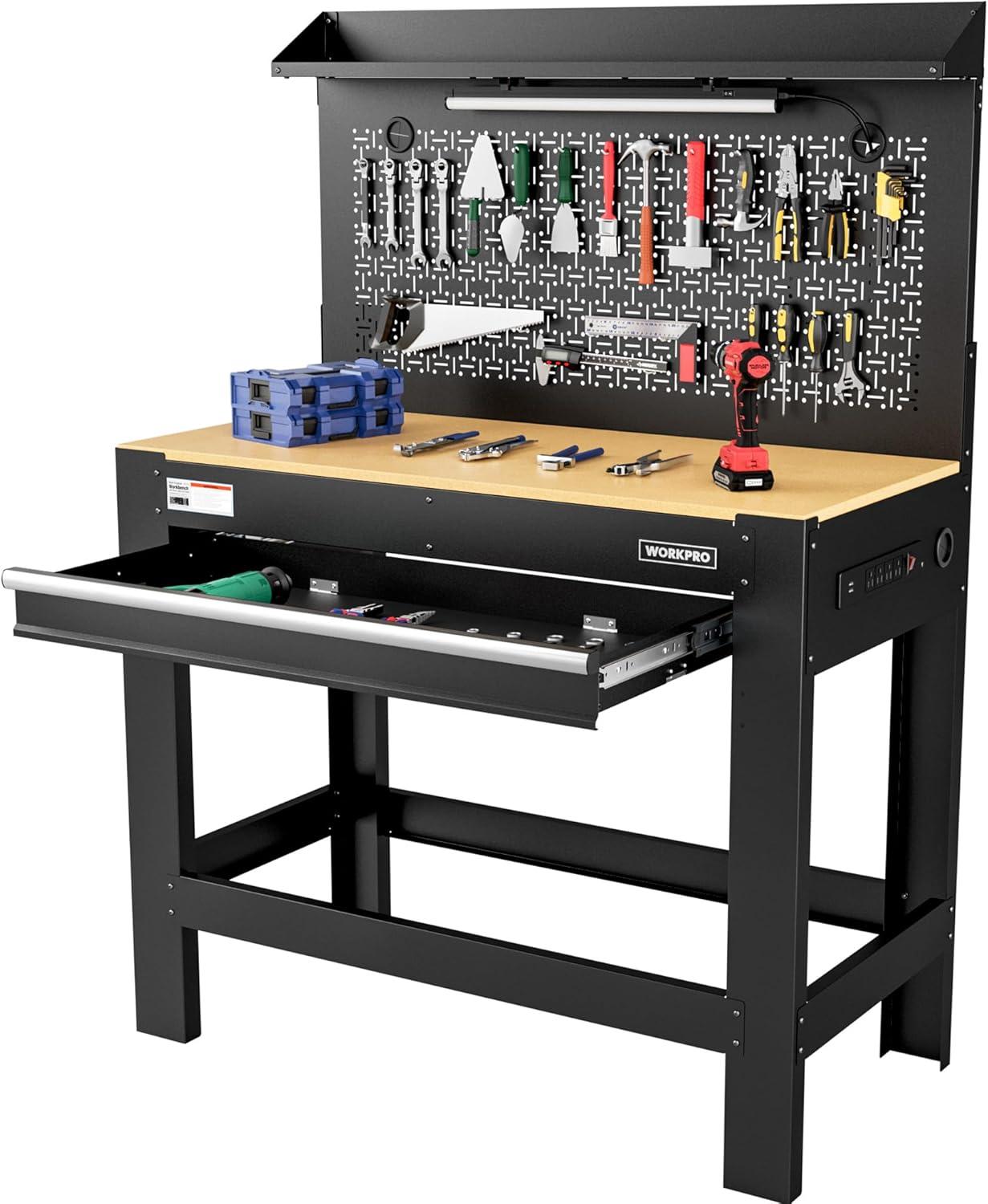 WORKPRO 45'' Black Steel Workbench with Pegboard and Storage