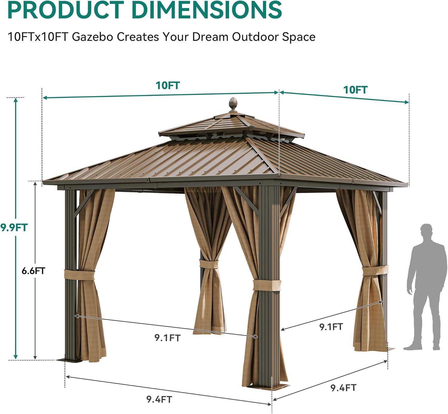 Dextrus 10' x 10' Double Roof Hardtop Gazebo, Galvanized Steel with Netting and Curtains