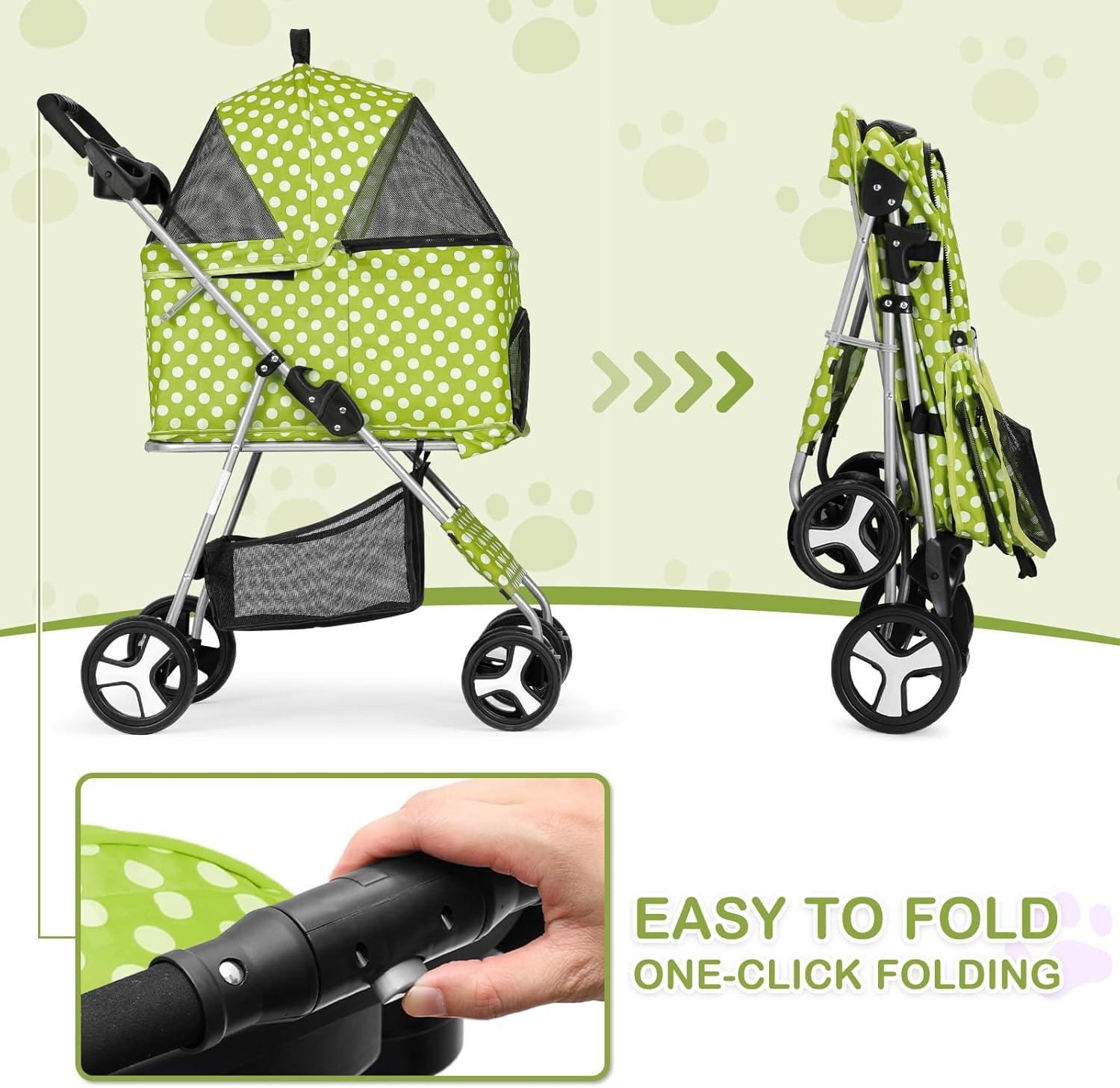 MoNiBloom 4 Wheel Foldable Dog Pet Stroller with Cup Holder, Lawn Green with White Polka Dots