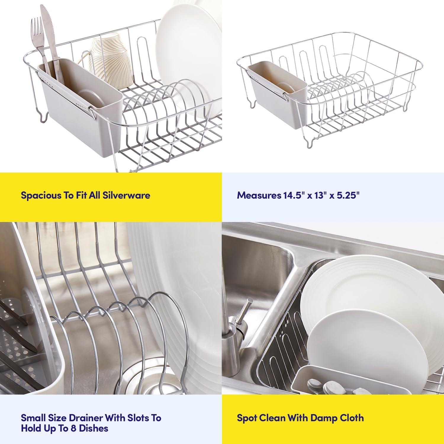 Sweet Home Collection Chrome Plated Steel 2-Piece Compact Dish Drainer with Utensil Caddy