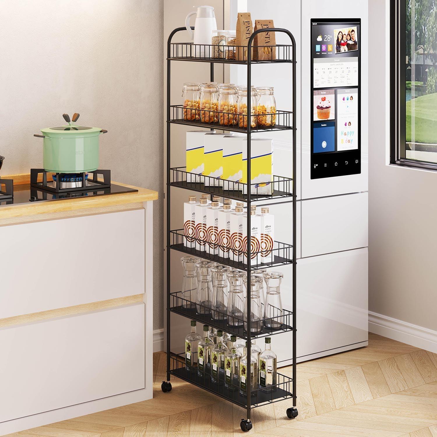 GVN Mobile Shelving Unit Organizer Utility Cart,6 Tier Storage Cart,Metal Kitchen Rolling Cart with Lockable Wheels & Baskets,6" Slim Storage Shelf