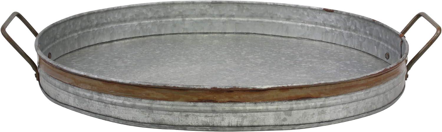 Large Oval Galvanized Metal Tray with Rust Trim and Handles