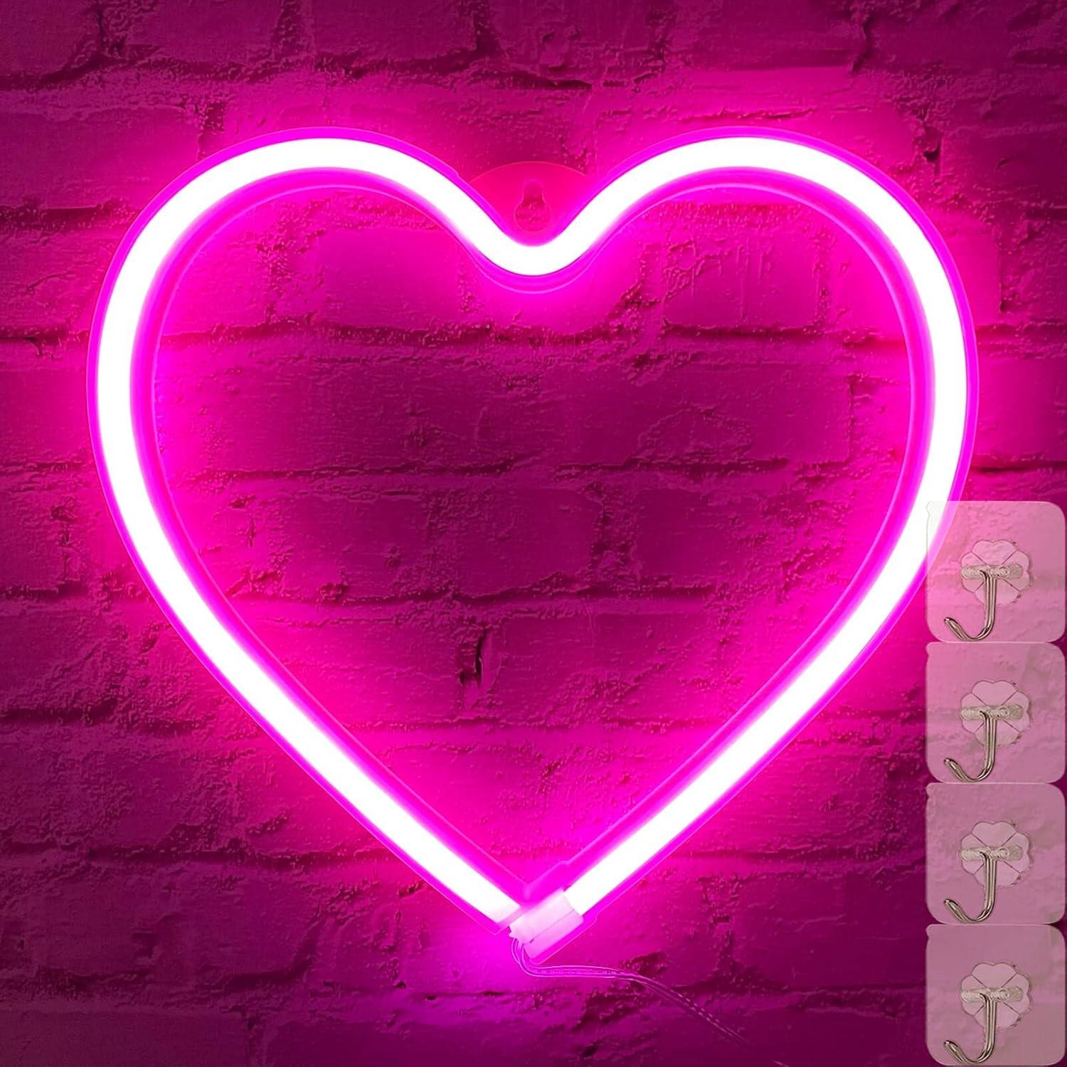 Heart Neon Sign Neon Heart Lights Pink Heart Led Light, Led Heart Lamp Heart Decorations for Home, Hanging Heart Gifts Heart Wall Decor Usb/Battery Operated Heart Light for Bedroom Living Room