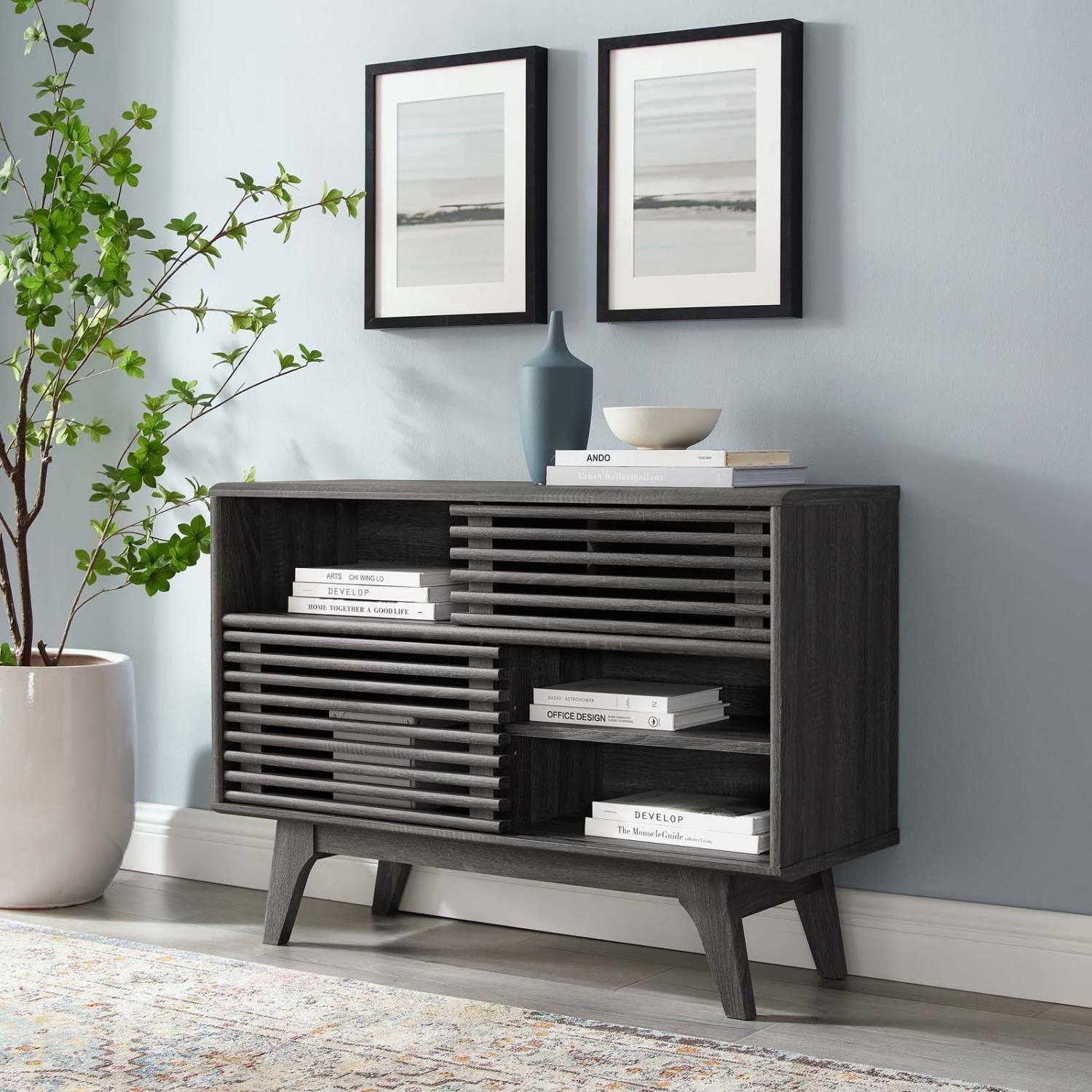Render Display TV Stand for TVs up to 48" Charcoal - Modway: Modern Media Storage, Slatted Door, Cable Management