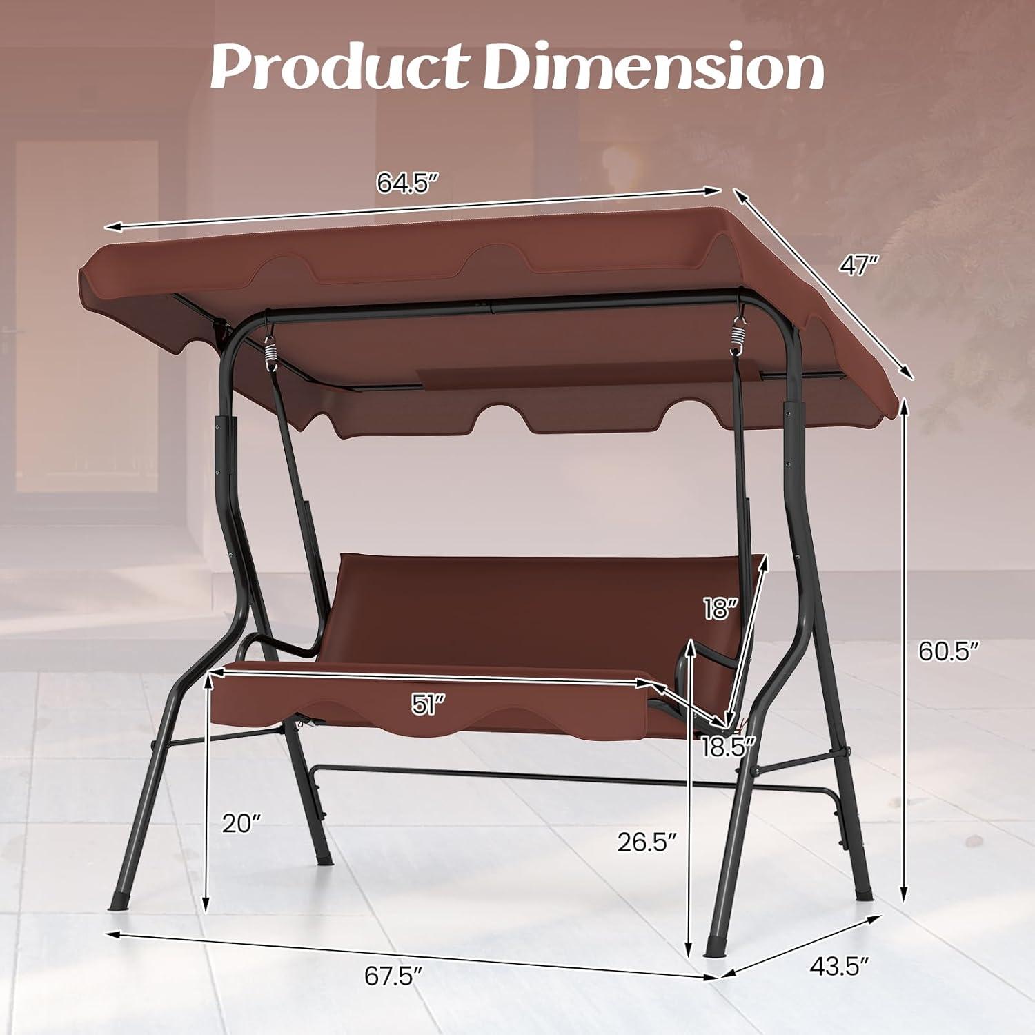 Tangkula 3 Person Porch Swing, Patio Swing with Removable Cushion & Powder-Coated Steel Frame, Outdoor Swing with Canopy for Porch, Backyard, Garden, Balcony (Coffee)