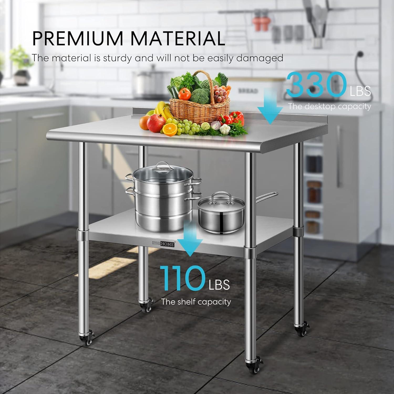 Stainless Steel Work Table with Backsplash and Wheels