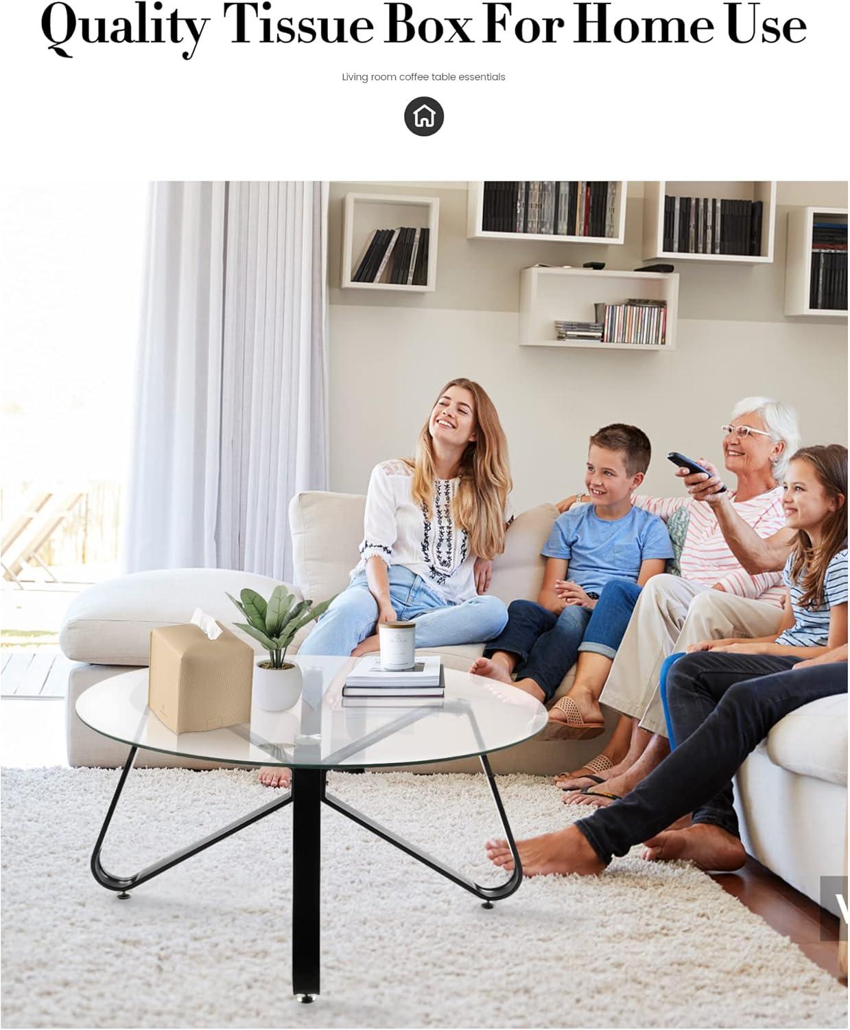 Tissue Box Cover, Square PU Leather Tissue Box Holder, Modern Tissue Case Facial Paper Organizer Dispenser，5X5X5'',Double Beige