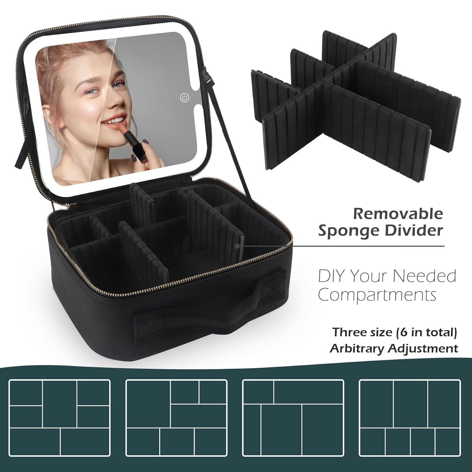 MOMIRA Travel Makeup Bag Cosmetic Bag Makeup Organizer Bag with Large Lighted Mirror 3 Color Scenarios Adjustable Brightness, Waterproof Makeup Travel Case, Large Makeup Train Case Toiletry Gift