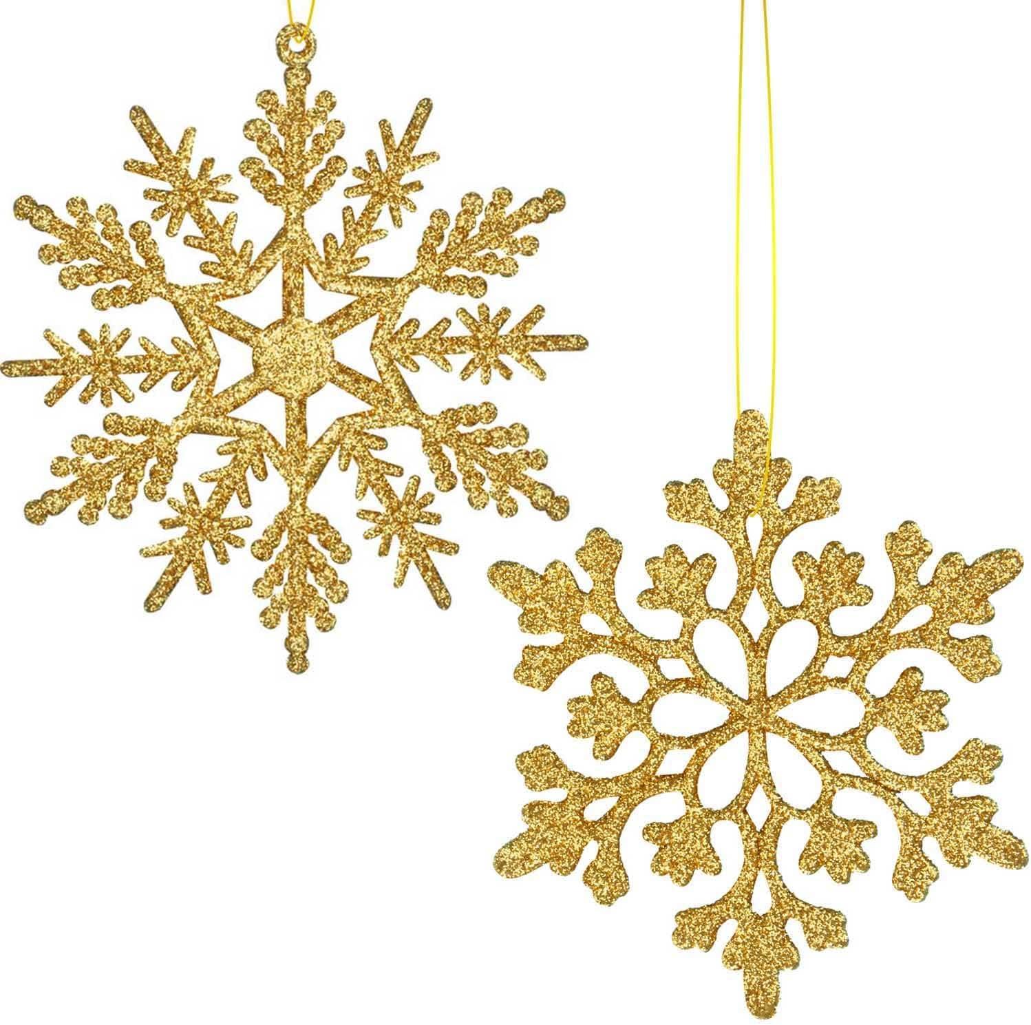 Gold Glitter Plastic Snowflake Ornaments Set, 4 Inch, 36 Count