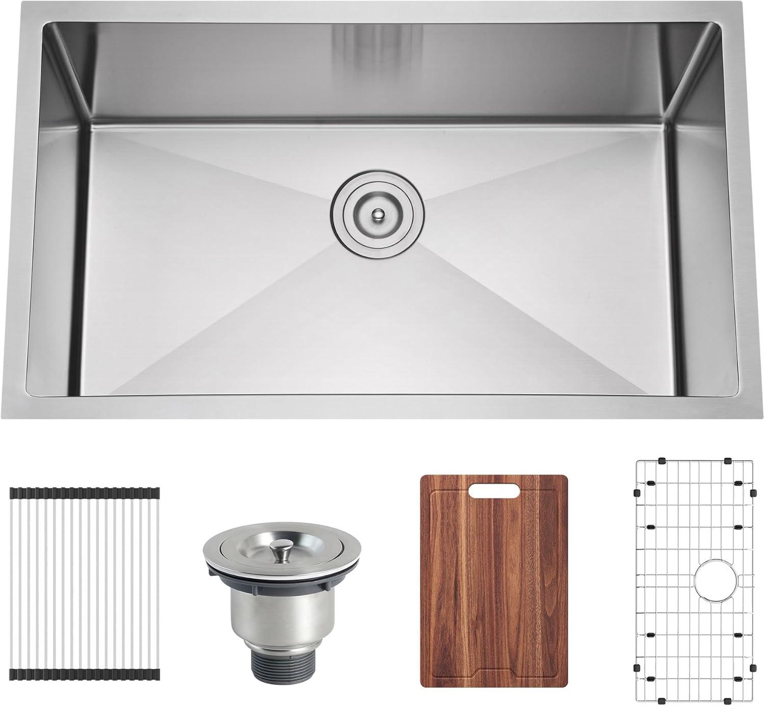Blenzia 30 Inch Undermount Kitchen Sink 16 Gauge Stainless Steel Single Bowl Handmade Sink 30" X 18" X 10"
