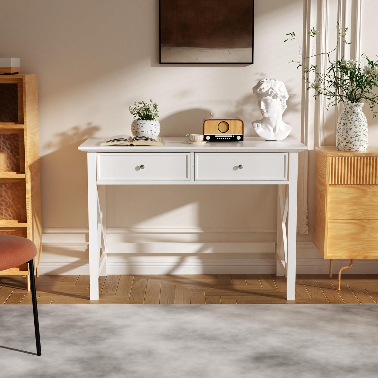 White Computer Desk with 2 Drawers, Modern Makeup Vanity Desk with Storage, Writing Desk for Home Office, 42'' Long Study Simple White Desk for Bedroom Console Table Living Room