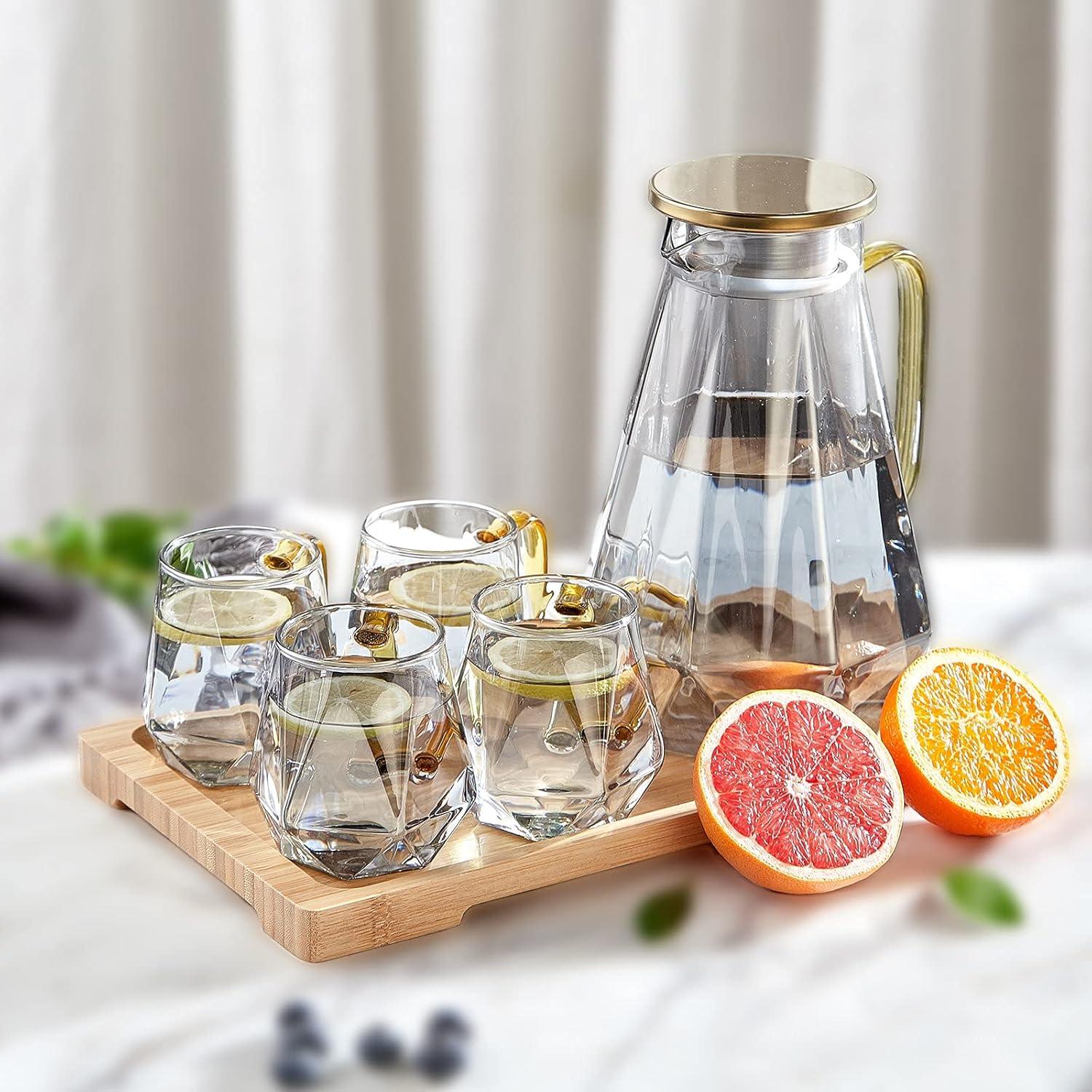 DUJUST Glass Pitcher Set (68 oz) with 4 Cups & 1 Tray, Elegant Diamond Design Water Pitcher with Handle, Durable Glass Jug for Fridge, Glass Carafe for Iced Tea/Juice/Beverage/Coffee/Drinks
