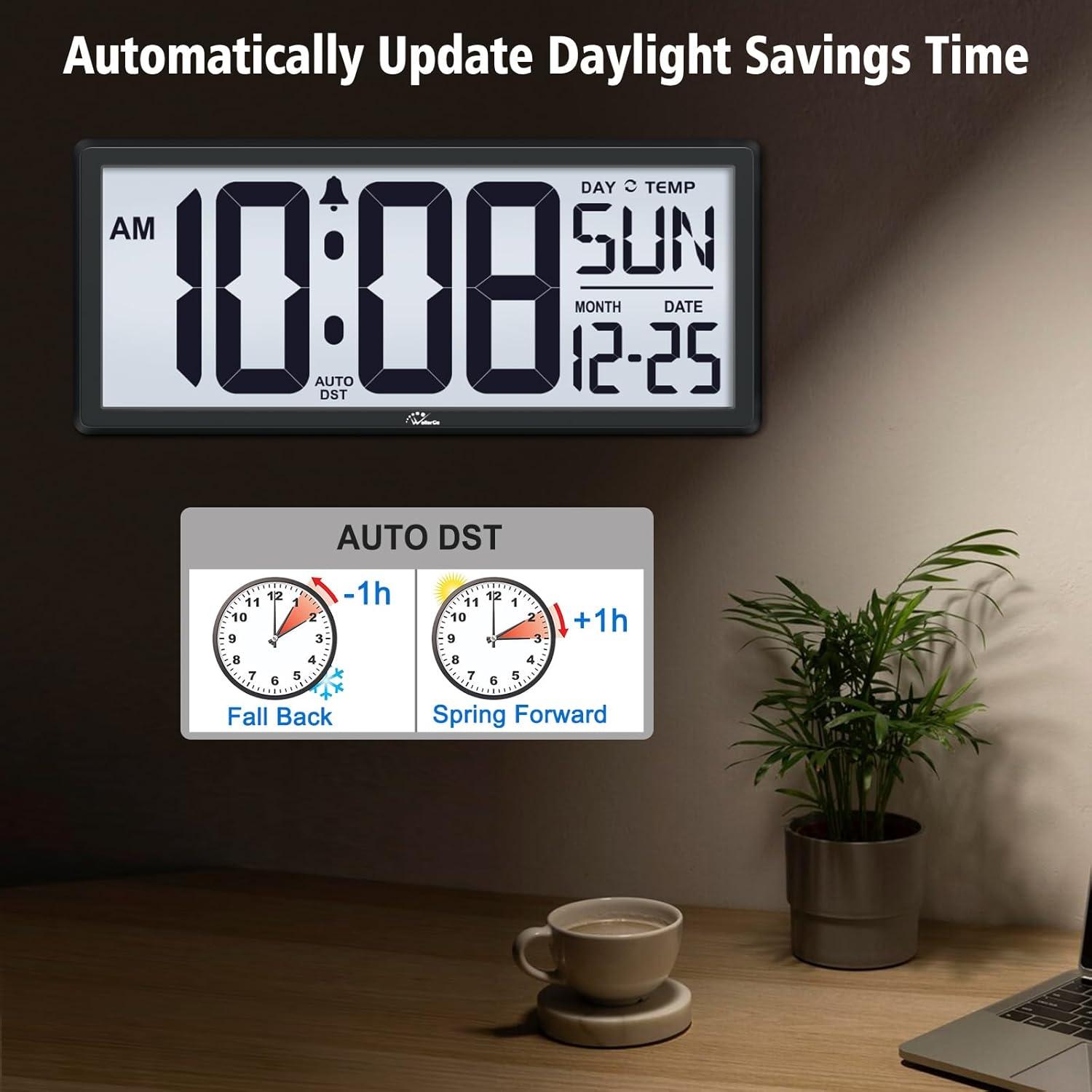 14.5" Large Digital Wall Clock Battery Operated with Jumbo Numbers Digits LCD Screen Display,Temperature,Day and Date,Alarm,Easy to Read and Set, Auto DST for Bedroom,Office,Living Room（Black）