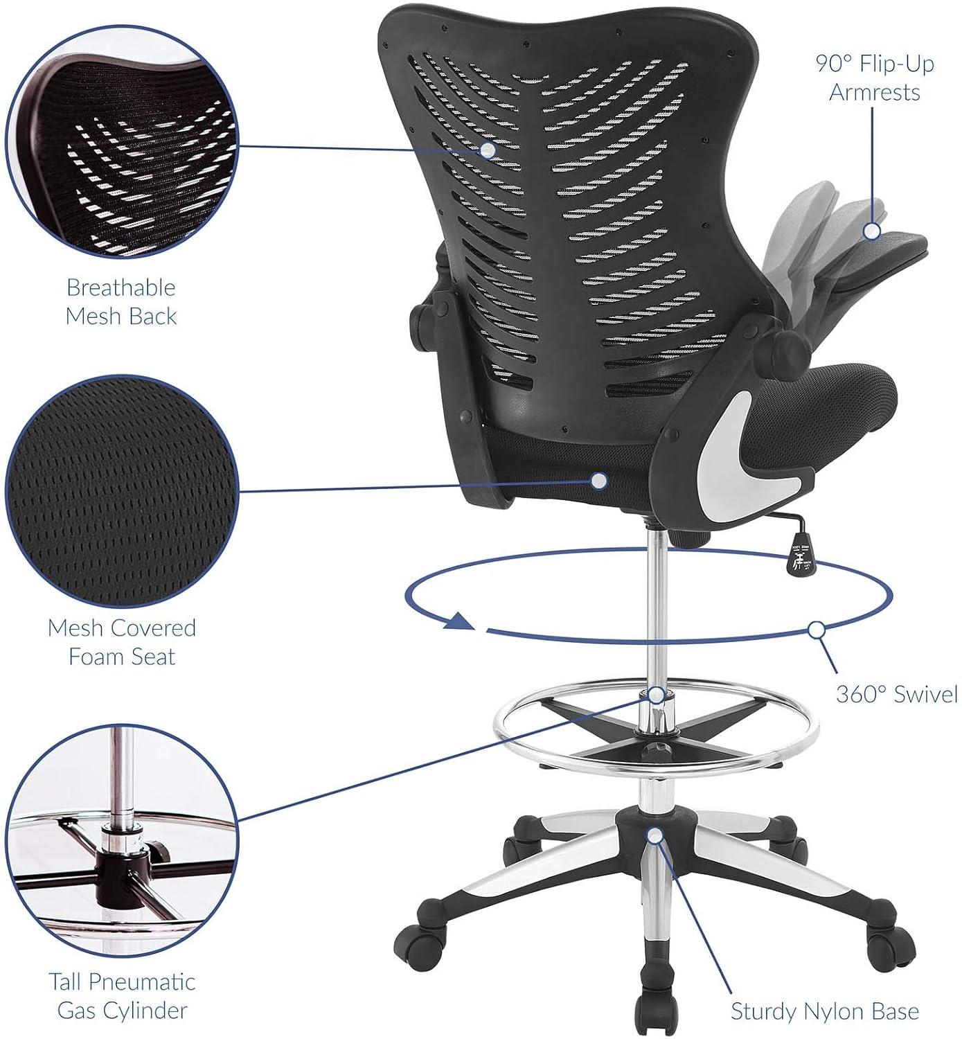 Modway Charge Drafting Chair Black: Ergonomic, Adjustable Height, Office Stool with Casters/Wheels, 265 lb Capacity