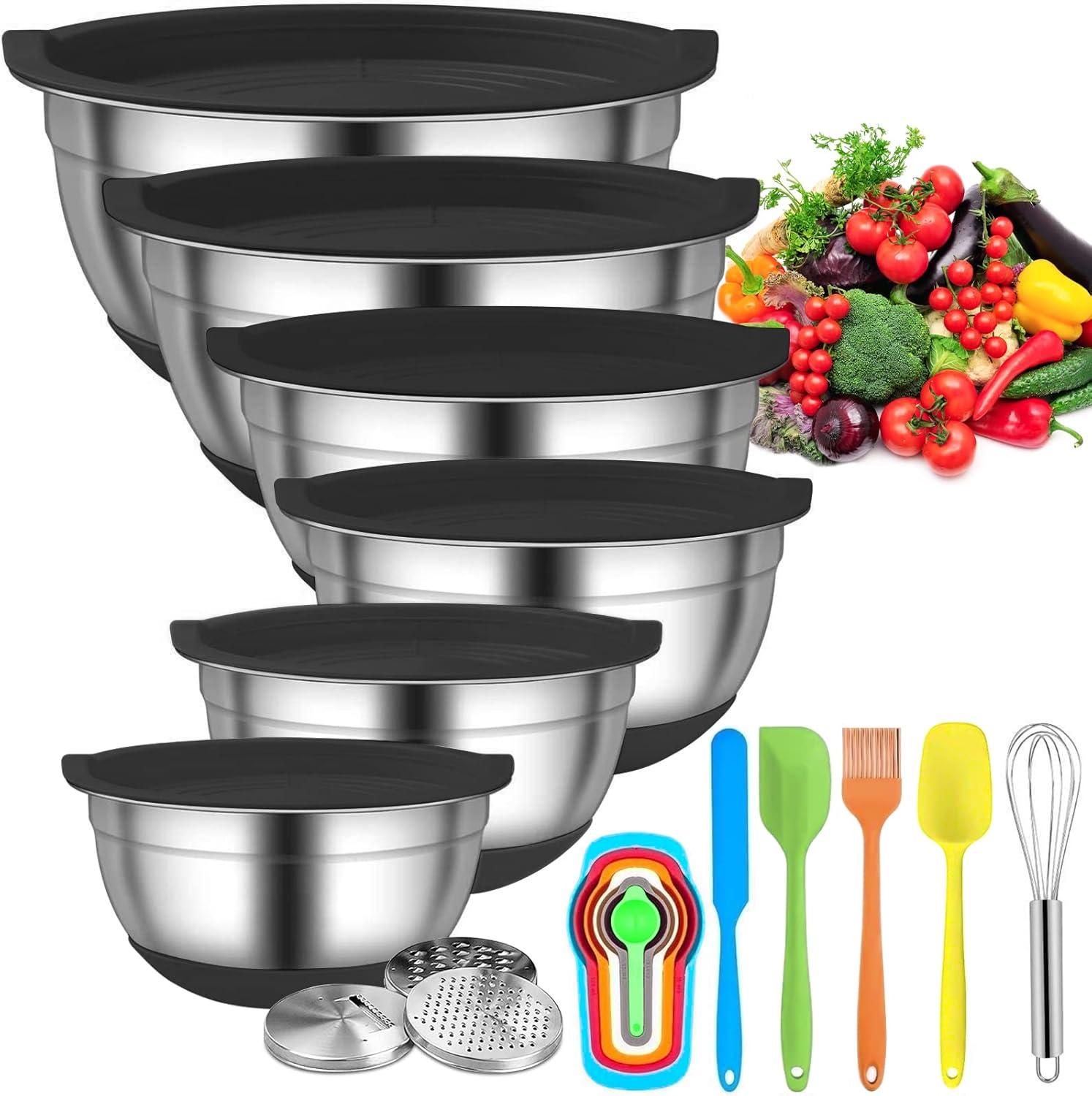 stusgo 6 Pcs Mixing Bowls with Lids,Stainless Steel Mixing Bowls with 3 Grater Attachments,Non-Slip Bottoms,Kitchen Utensils,Mixing Bowl Set for Kitchen Mixing Baking Prepping Cooking Serving,Black