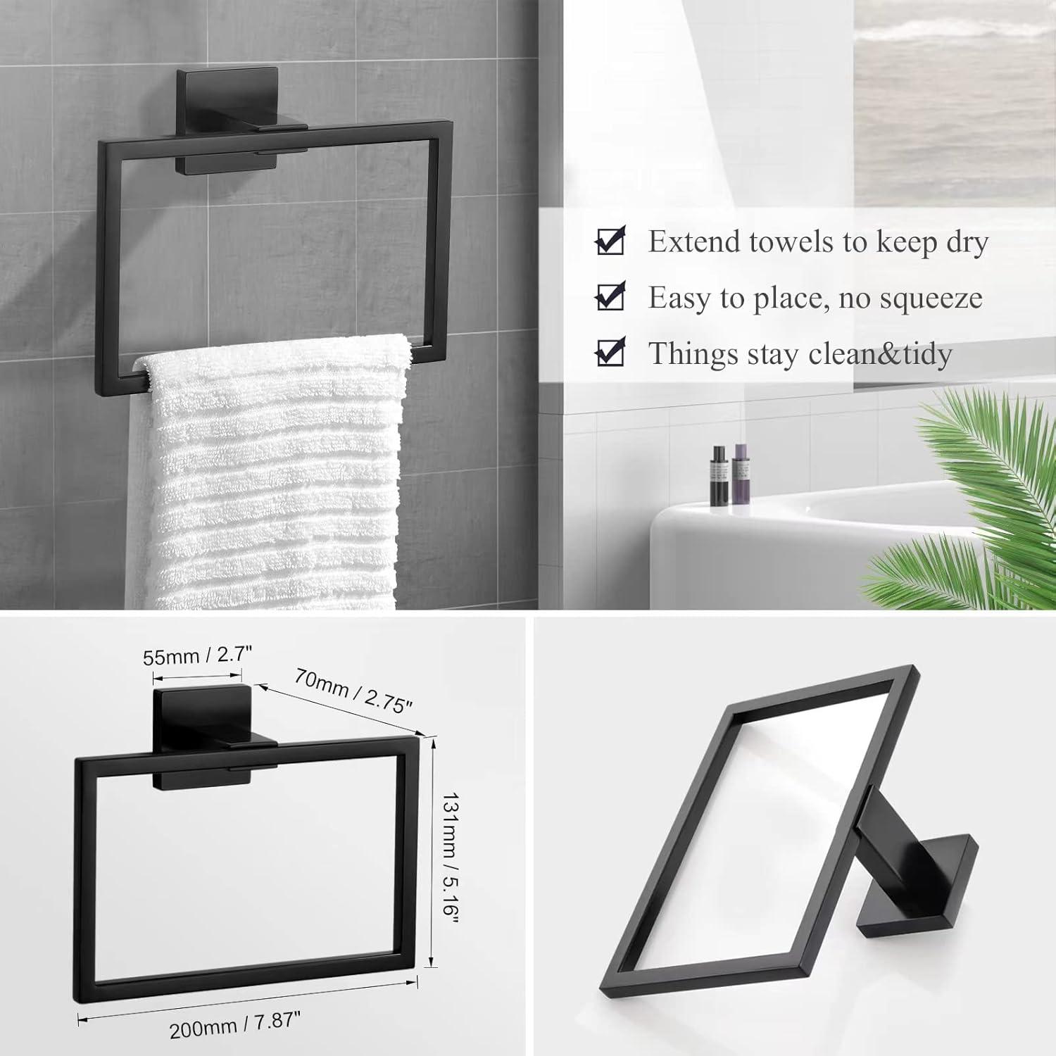 TURS Black Towel Bar Set Bathroom 5-Piece Bathroom Hardware Sets Towel Ring Toilet Paper Holder 2 Towel Hook Stainless Steel Wall Mounted Towel Holder Set