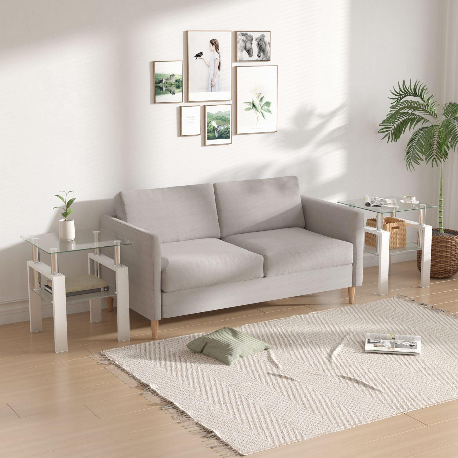 2-Tier Tempered Glass End Table Set of 2, Modern Sofa Side Table with Open Storage Shelf, Steel Pipe and Metal Legs, Square Tea Table, Glass Nightstand for Living Room Bedroom Office, White