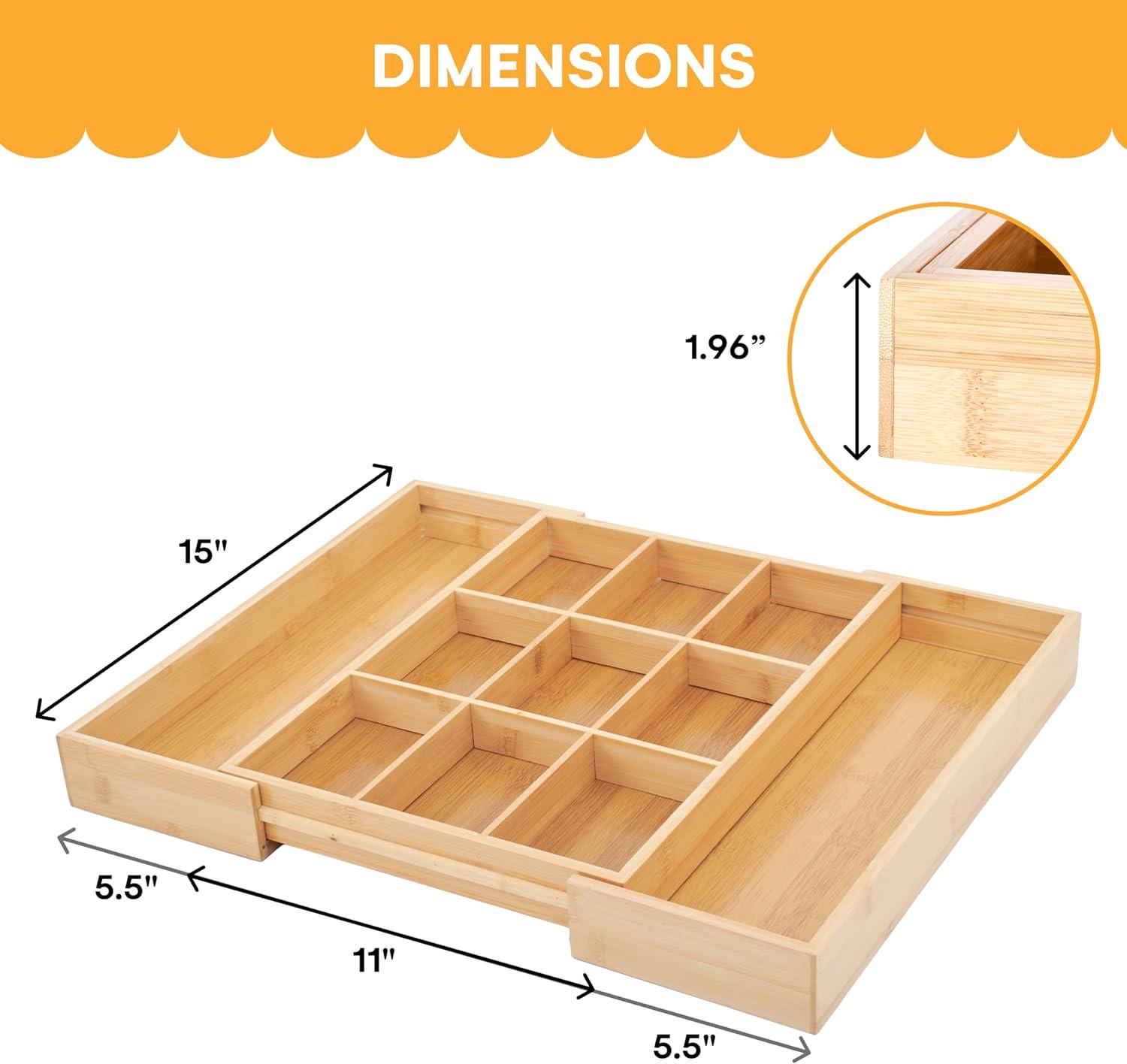 Expandable Natural Bamboo Silverware Drawer Organizer with Adjustable Compartments