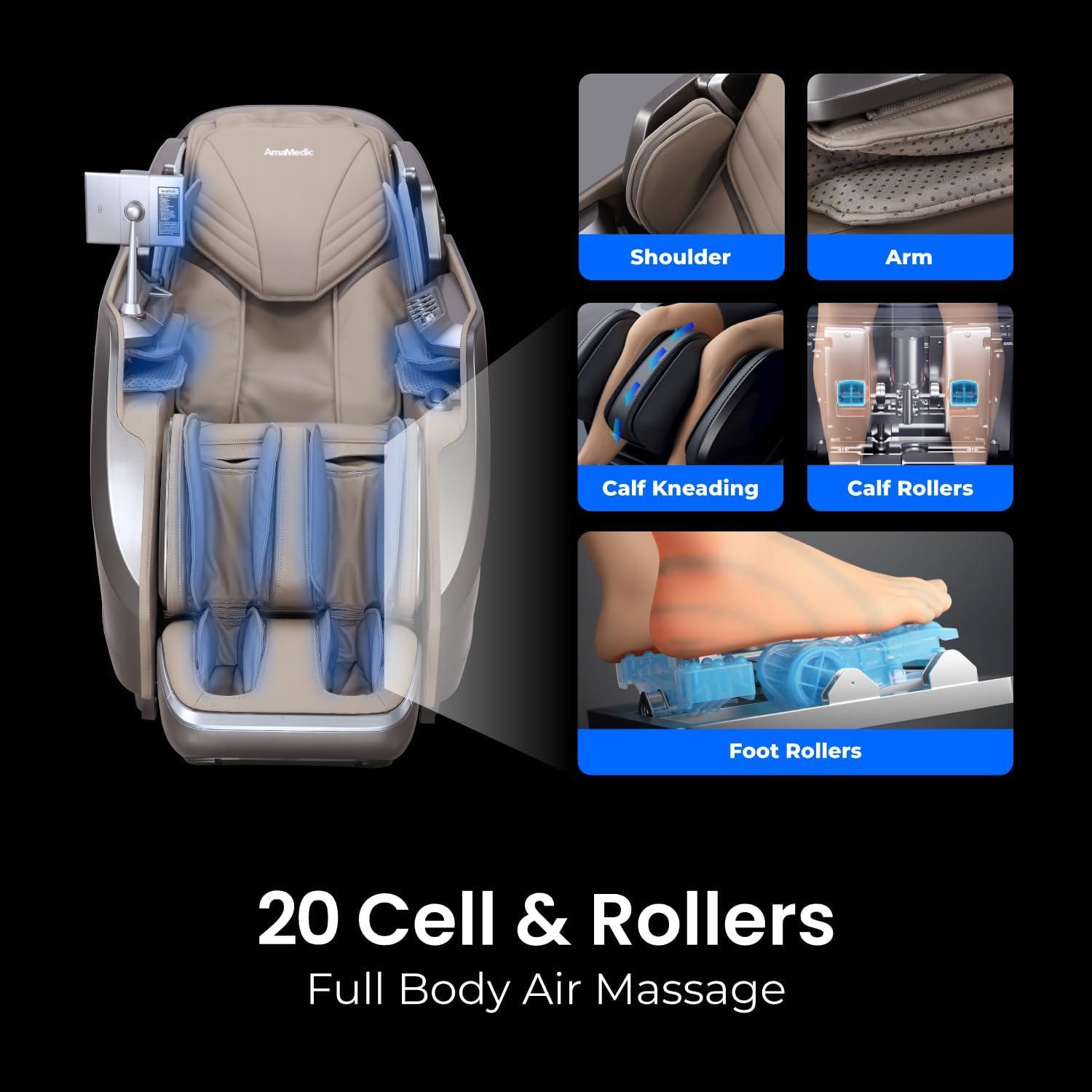 AmaMedic 2025 4D Massage Chair for Full Body, Revive, Health Fingerprint Sensor, AI Health Detection, Extended SL-Track, Professional Massage Chair (Brown)