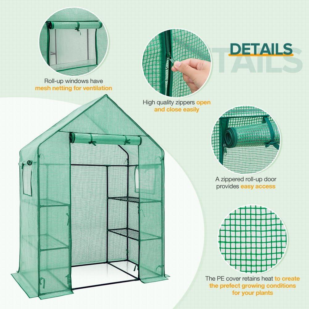 EAGLE PEAK 61'' x 28'' x 79'' Walk-in Greenhouse with 2 Tier 4 Shelves, Zipper Entry Door, and 2 Side Windows