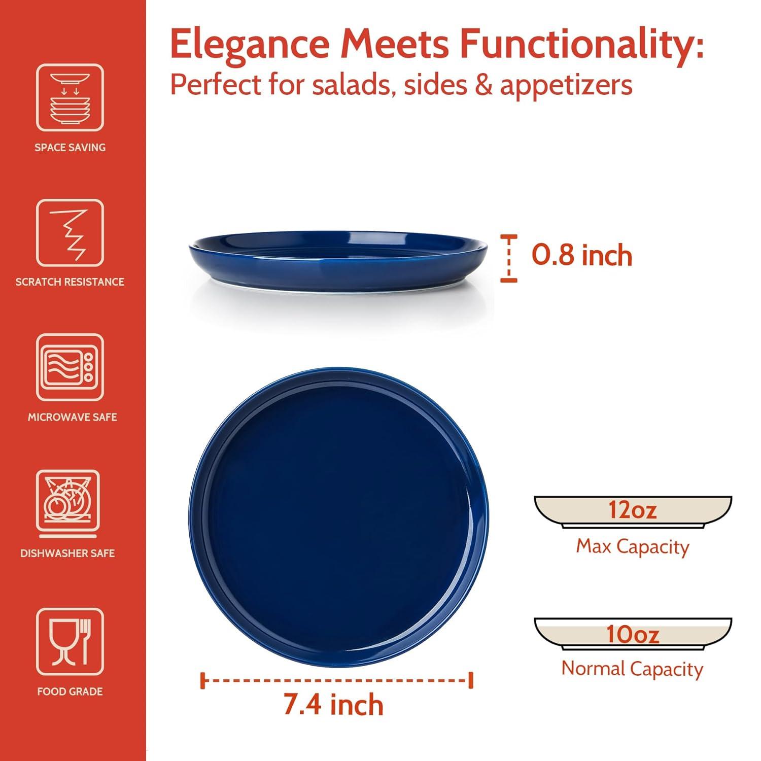 Sweese Porcelain 7.4 Inch Dessert Plates Set of 6 - Salad Modern Appetizer Plates - Dishwasher, Microwave, Oven Safe, Smooth Glaze, Scratch Resistant