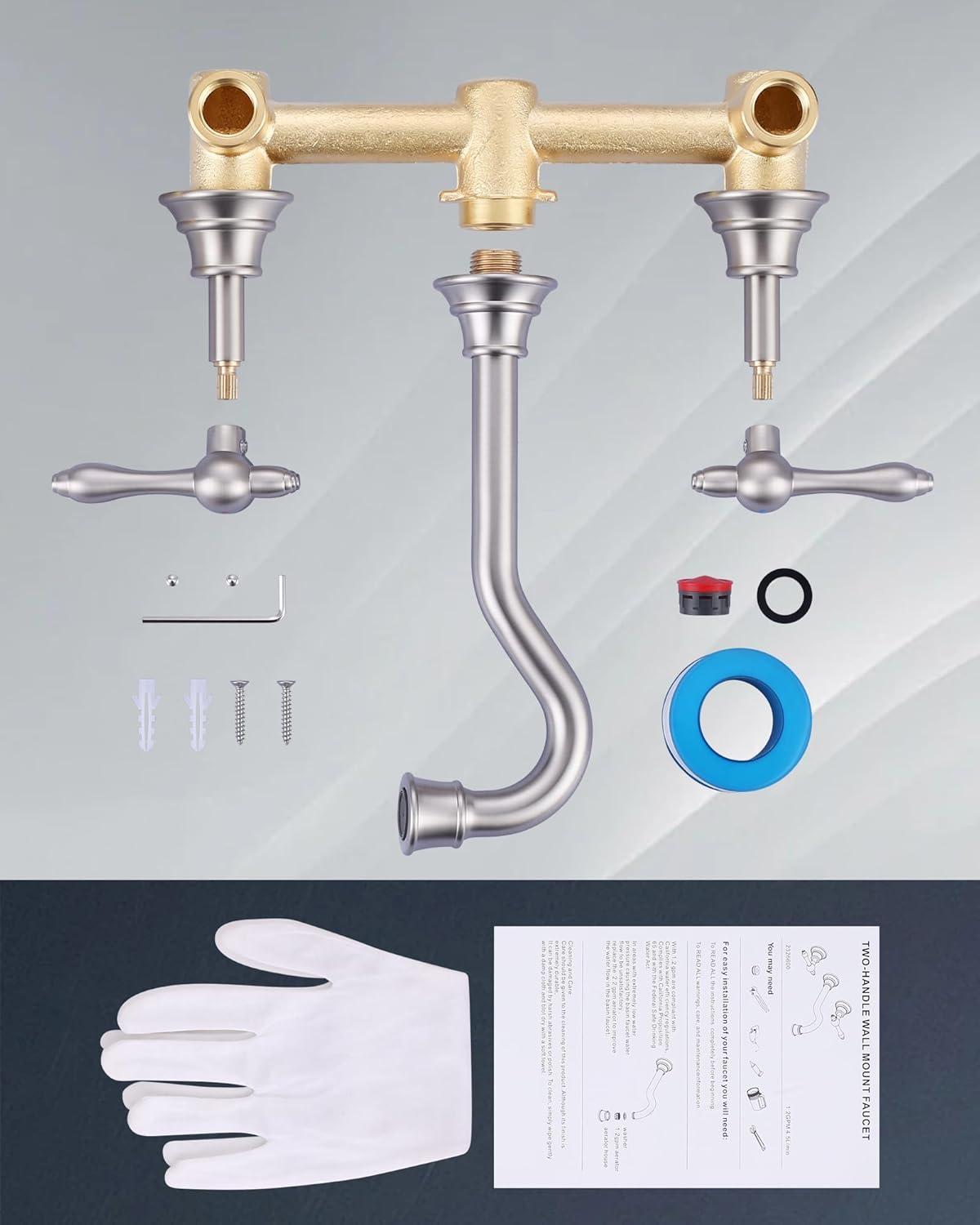 Brushed Nickel Dual Handle Wall Mount Bathroom Faucet