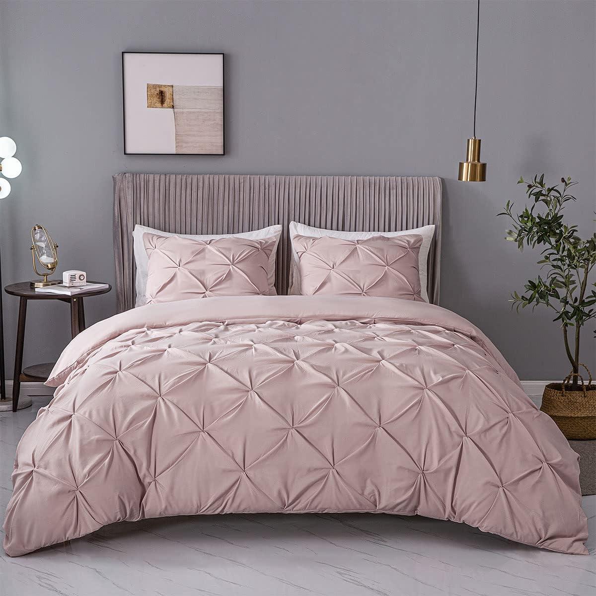 Nestl 3 Piece Pinch Pleated Duvet Cover Set, Full Size Pintuck Duvet Cover with Button Closure, Blush