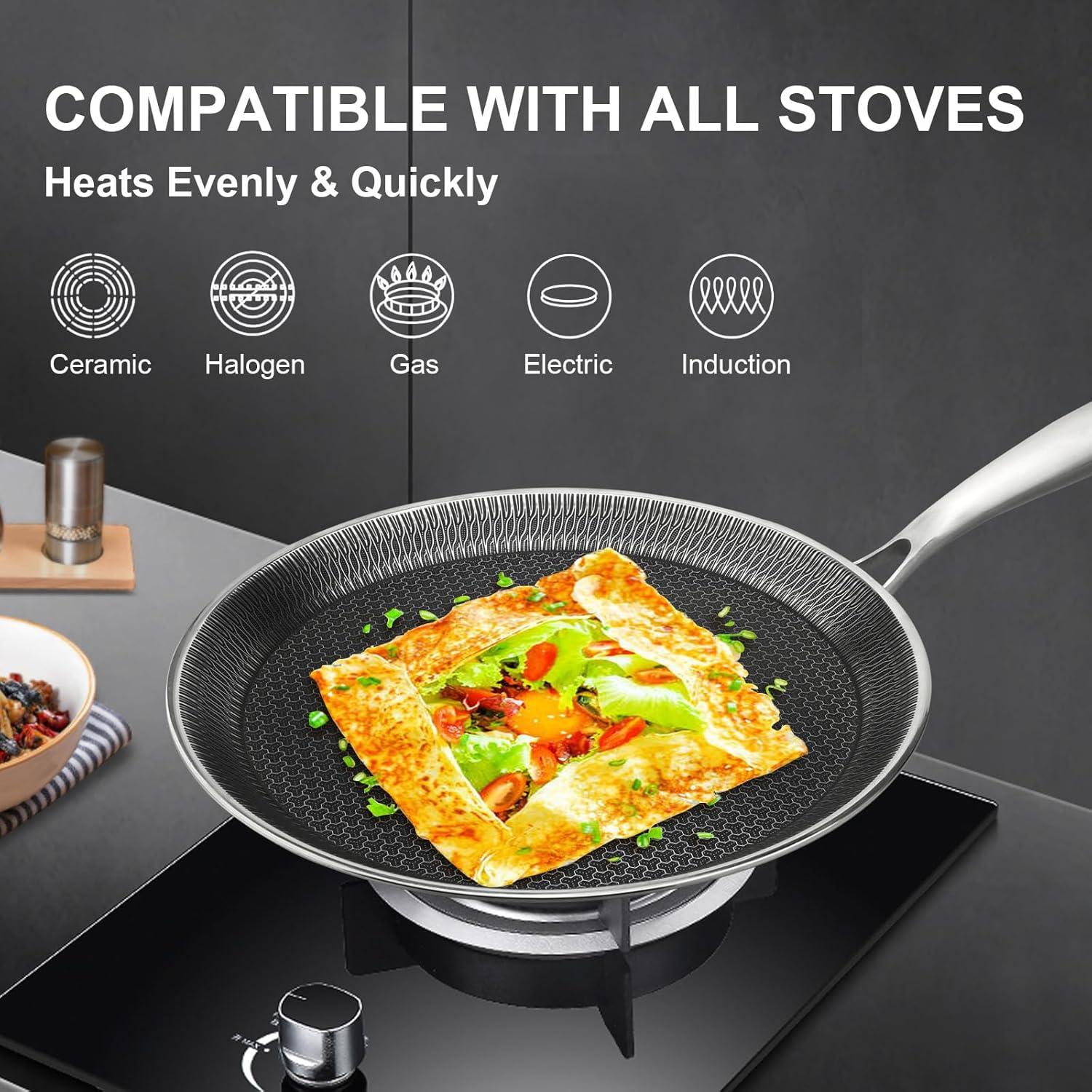 Innerwell 11'' Stainless Stee Nonstick Crepe Panl Honeycomb Coating Flat Skillet Tawa Dosa Tortilla Pan PFOA-Free,Omelet Pan with All Stove Tops Available