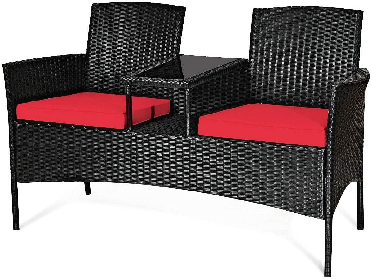 Tangkula Outdoor Rattan Furniture Wicker Patio Conversation Chair W/Cushion Red