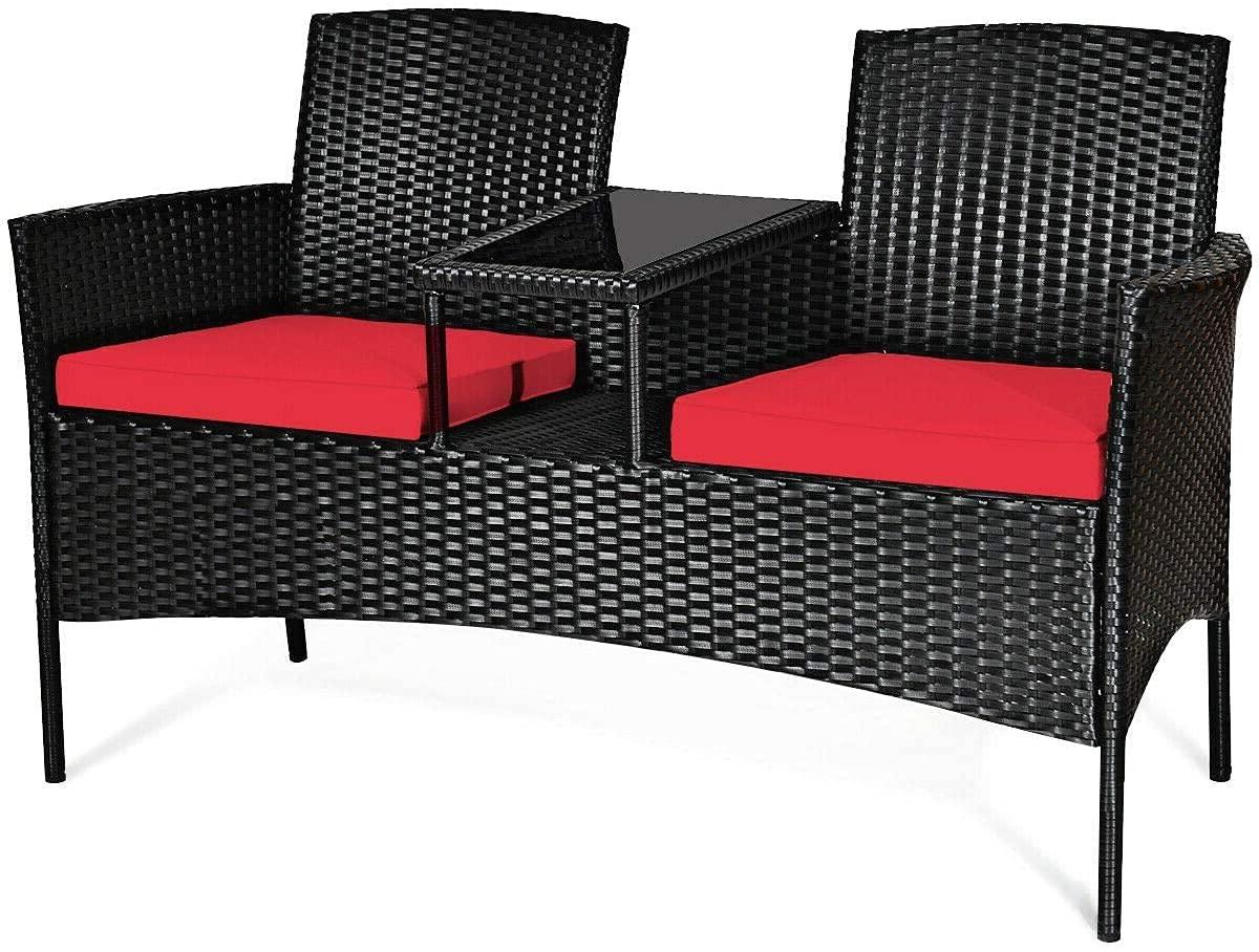 Tangkula Outdoor Rattan Furniture Wicker Patio Conversation Chair W/Cushion Red
