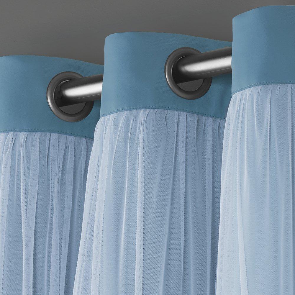 Set of 2 (63"x52") Caterina Layered Solid Blackout with Sheer Top Curtain Panels Blue Blue - Exclusive Home