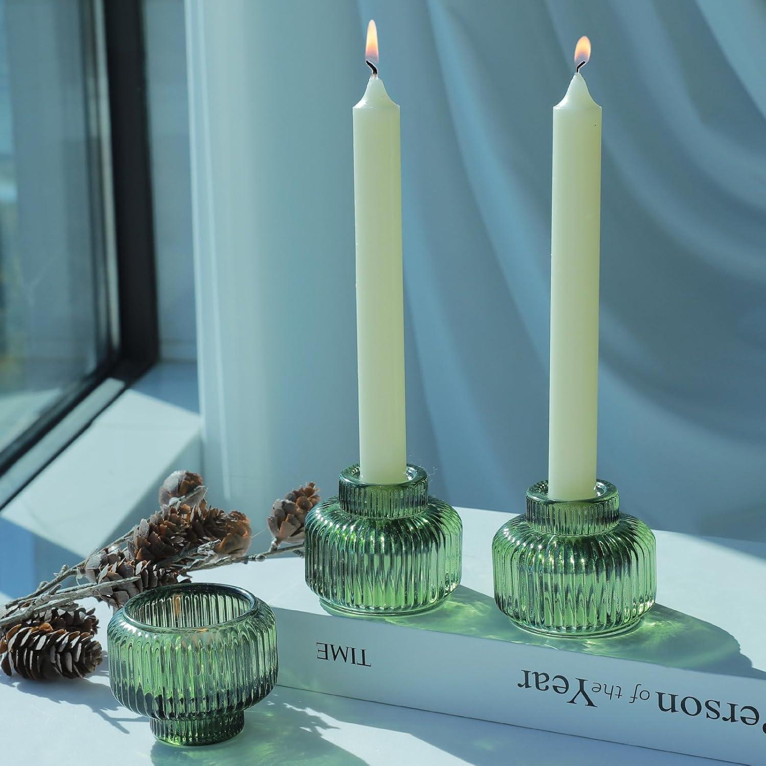 Green Ribbed Glass Reversible Candlestick Holders, Set of 4