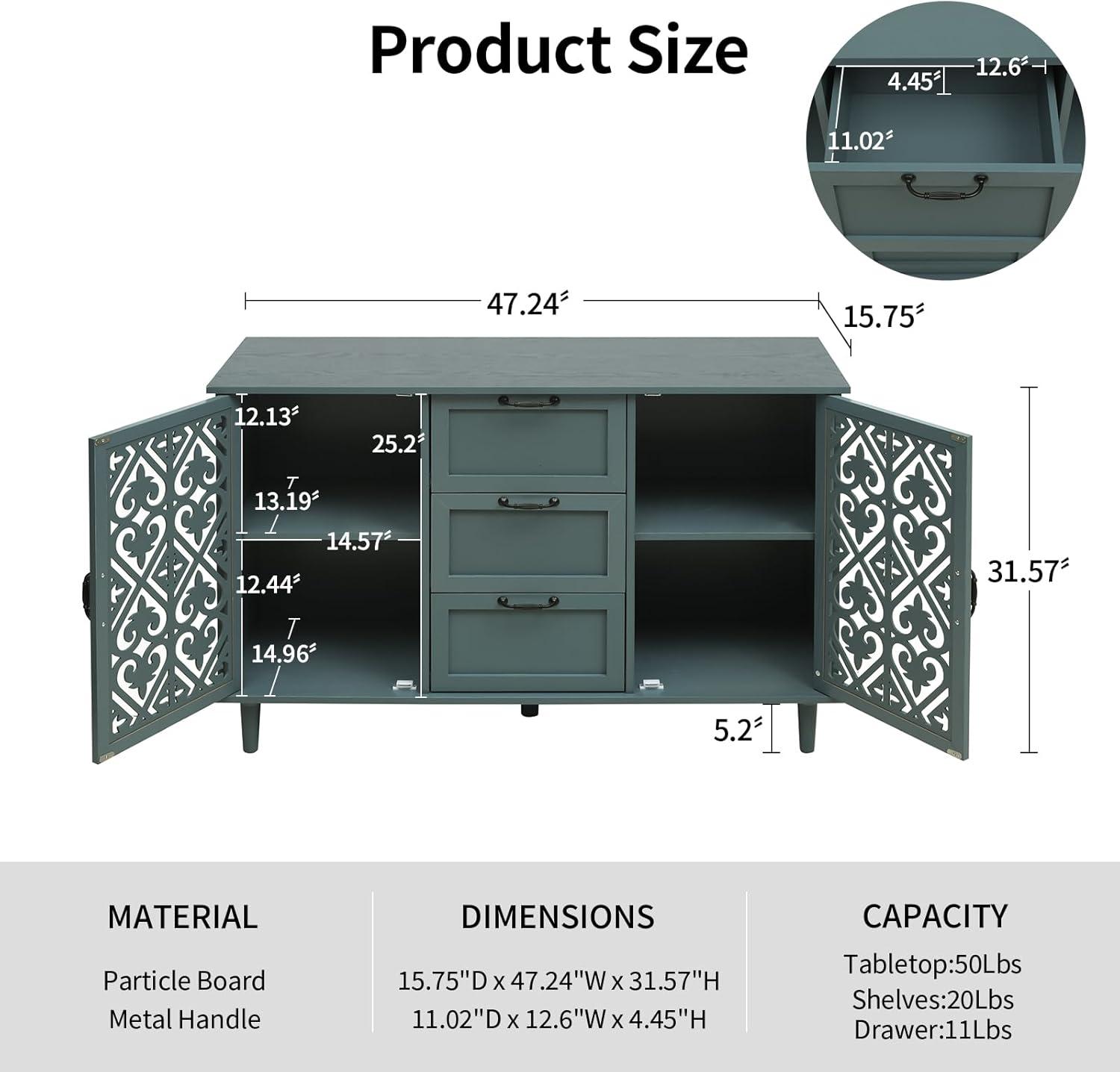 Lunale 47.24" Retro Hollow-Carved 2-Door Cabinet with 3 Drawers, Storage Sideboard Buffet Accent Cabinet for Living Room, Dark Green