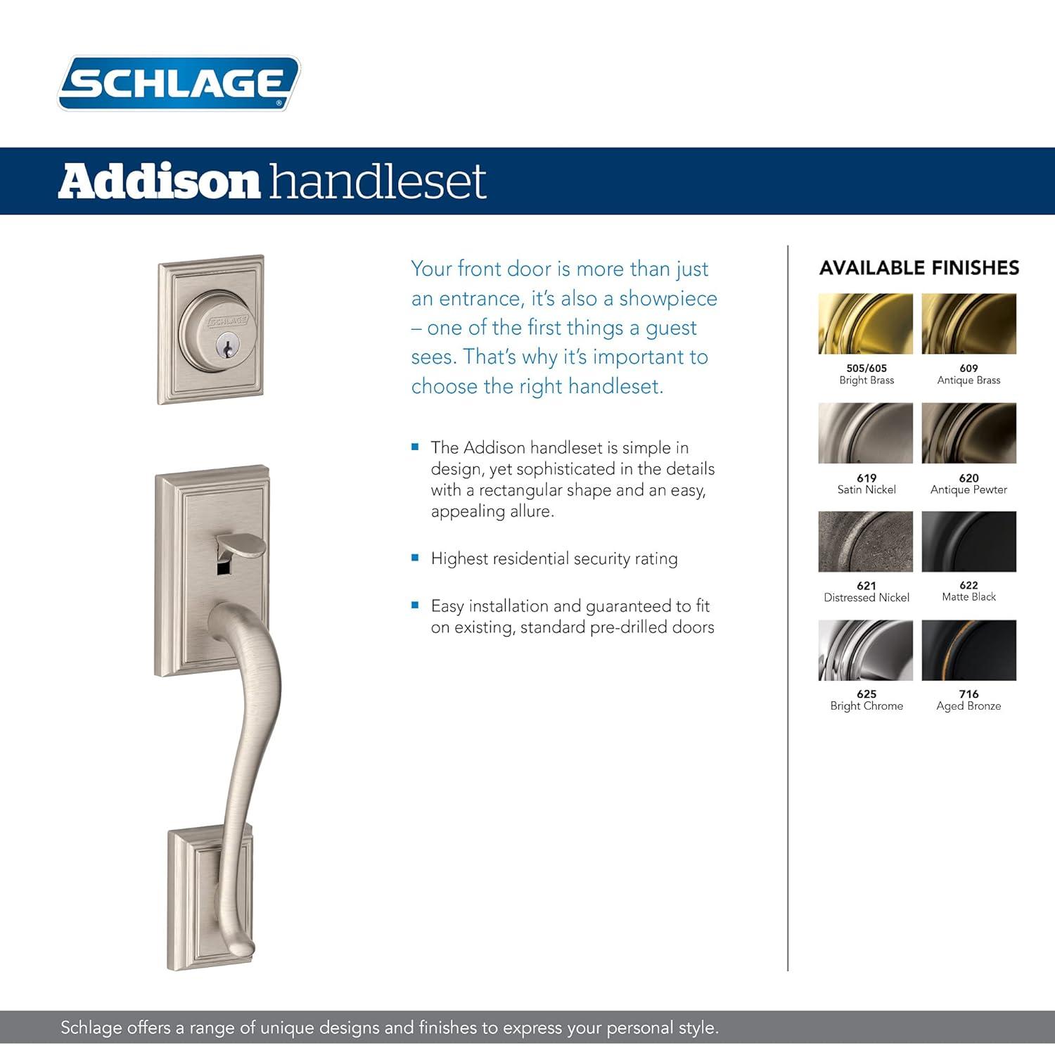 Schlage F60 V ADD 619 ACC Addison Front Entry Handleset with Accent Lever, Deadbolt Keyed 1 Side, Satin Nickel