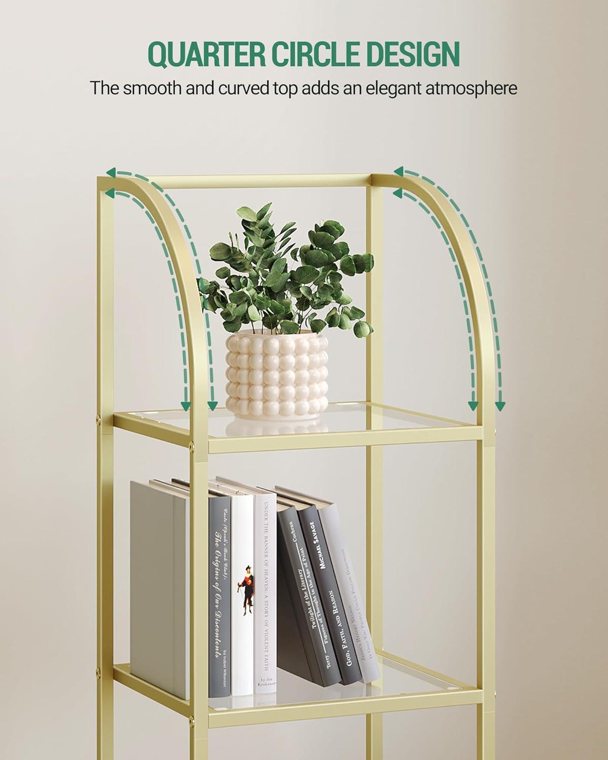 Mercer41 Bookcase Bookshelf, Tempered Glass Arched Bookshelf For More Storage, Slim Shelving Unit For Bedroom, Bathroom, Home Office, Steel Frame, 6 Tier Gold